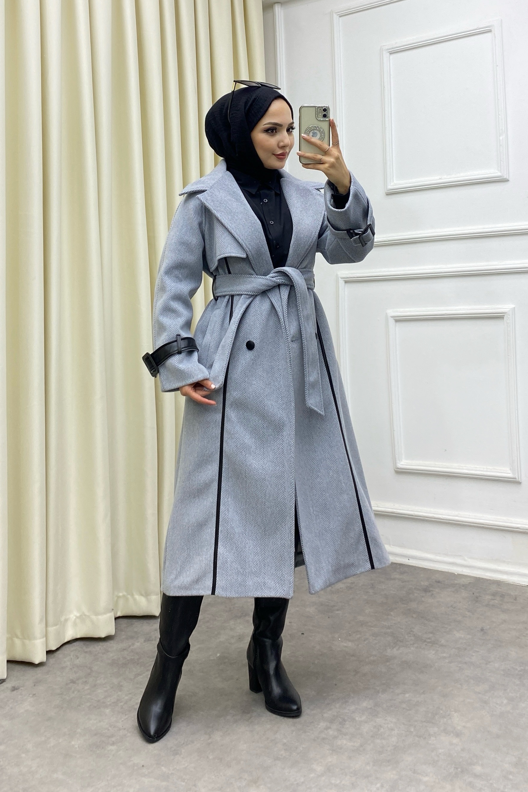 Deri Biyeli Kaşe Kaban