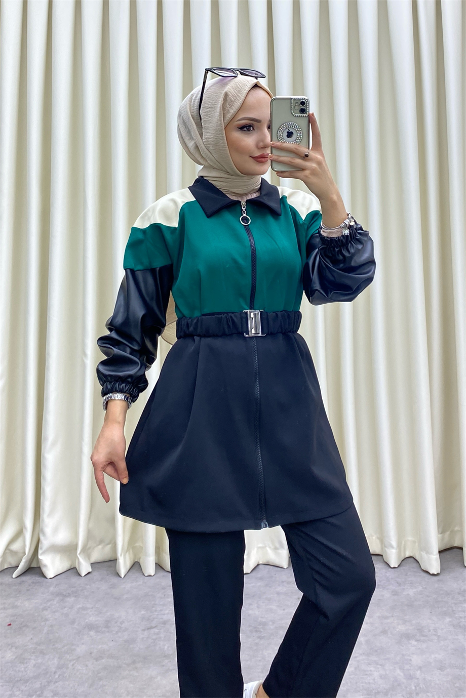 Deri Detaylı İkili Takım Siyah Yeşil