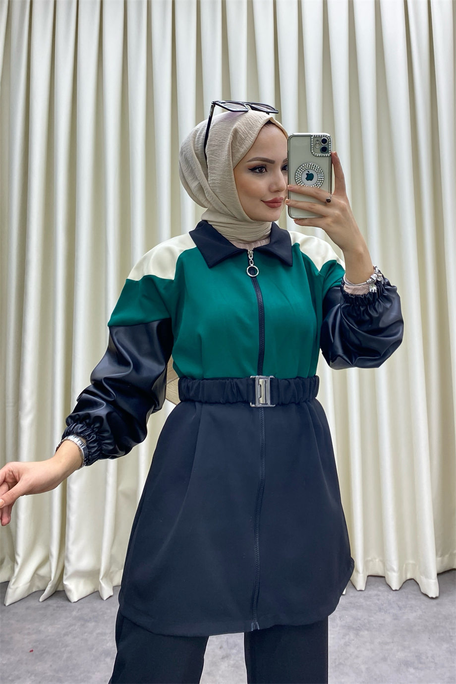 Deri Detaylı İkili Takım Siyah Yeşil