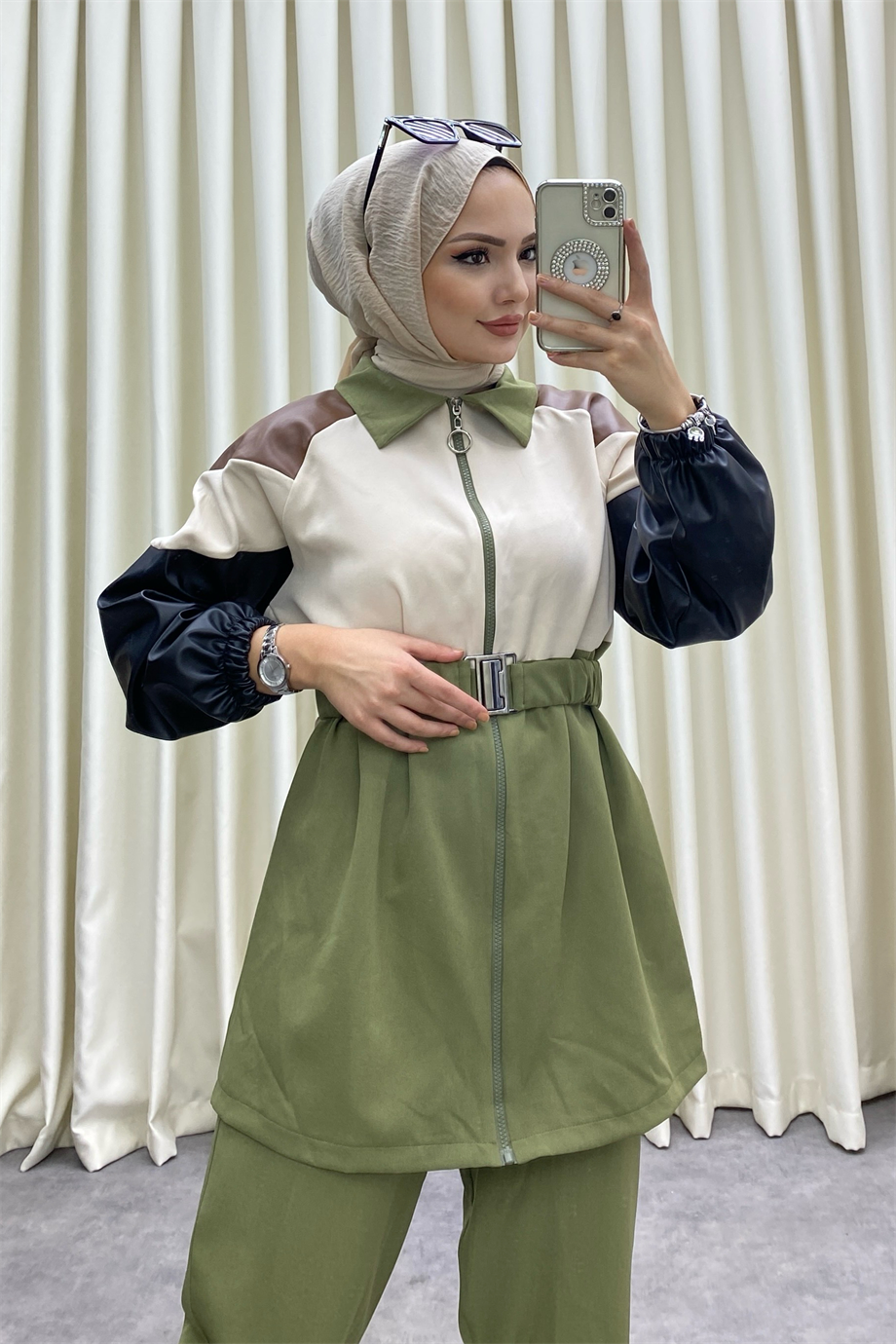 Deri Detaylı İkili Takım Yeşil