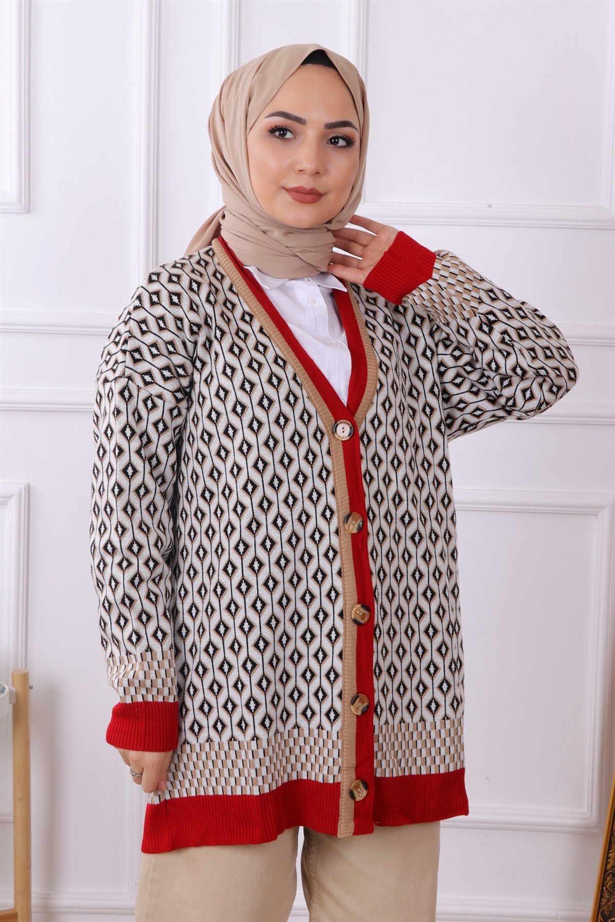 Desenli Hırka Kırmızı