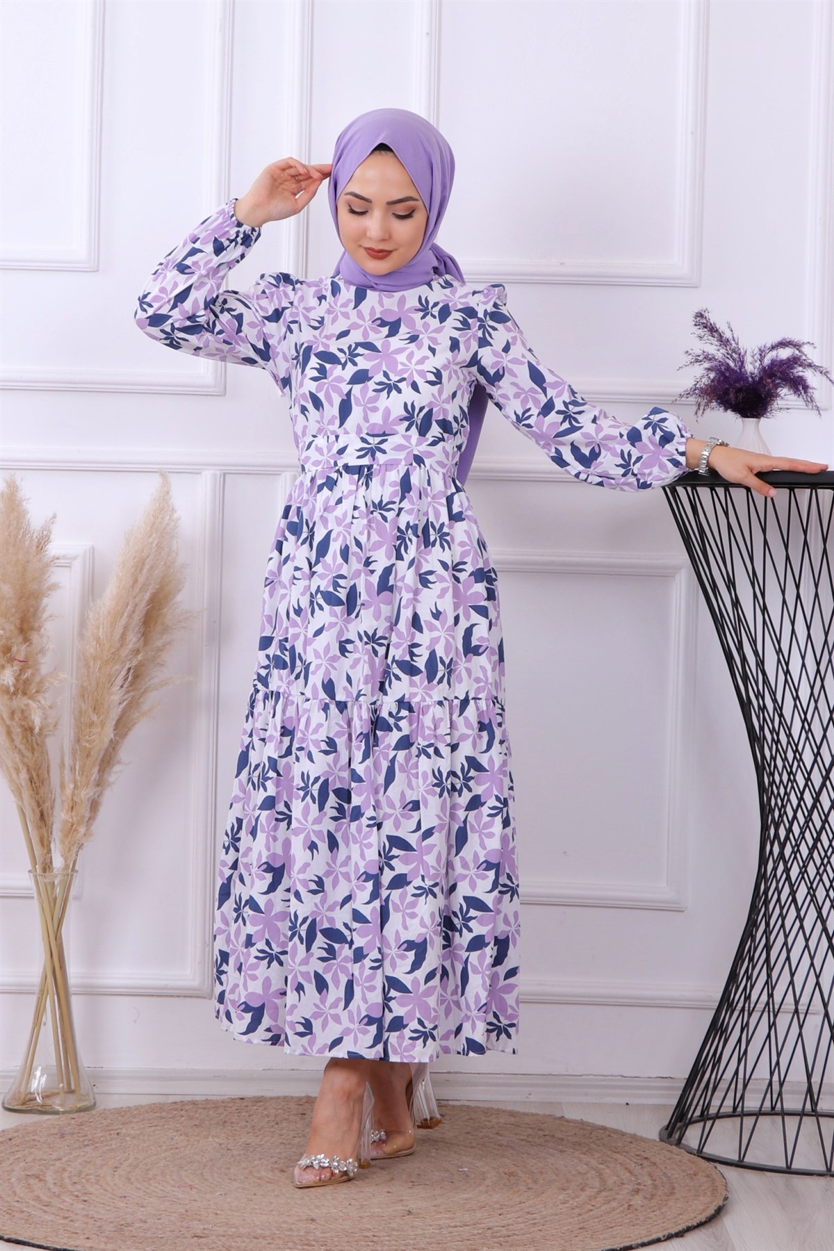 Desenli Lacivert-Lila Elbise