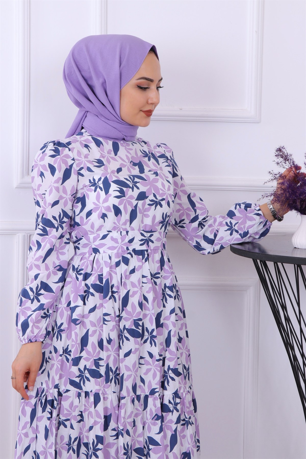 Desenli Lacivert-Lila Elbise