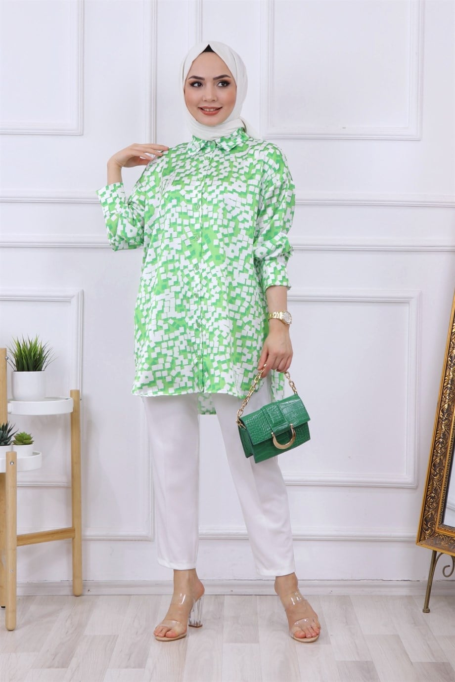 Desenli Saten Tunik Yeşil