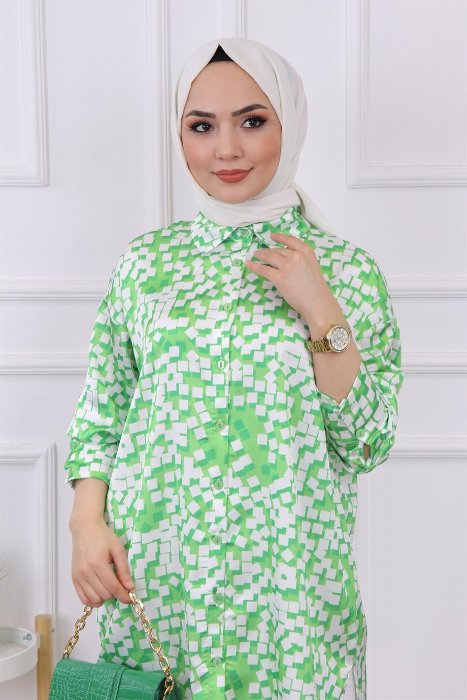 Desenli Saten Tunik Yeşil