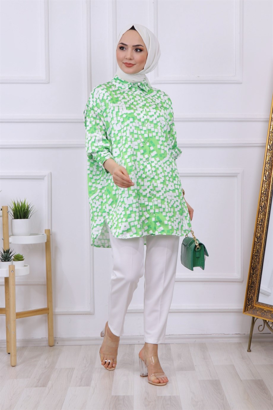 Desenli Saten Tunik Yeşil