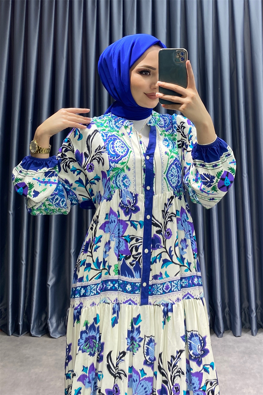 Desenli Viskon Elbise Mavi