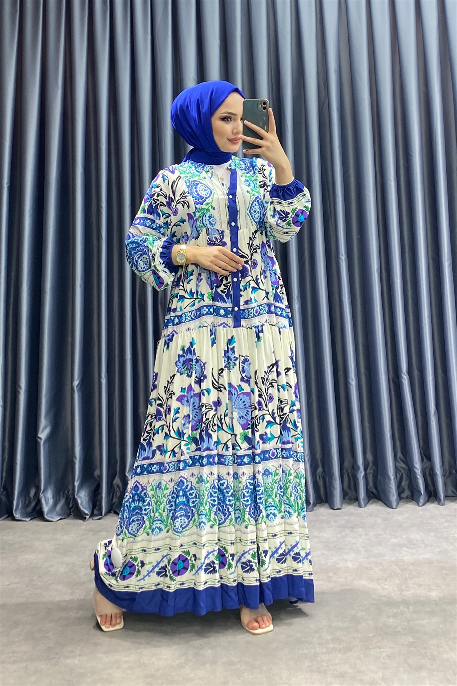 Desenli Viskon Elbise Mavi