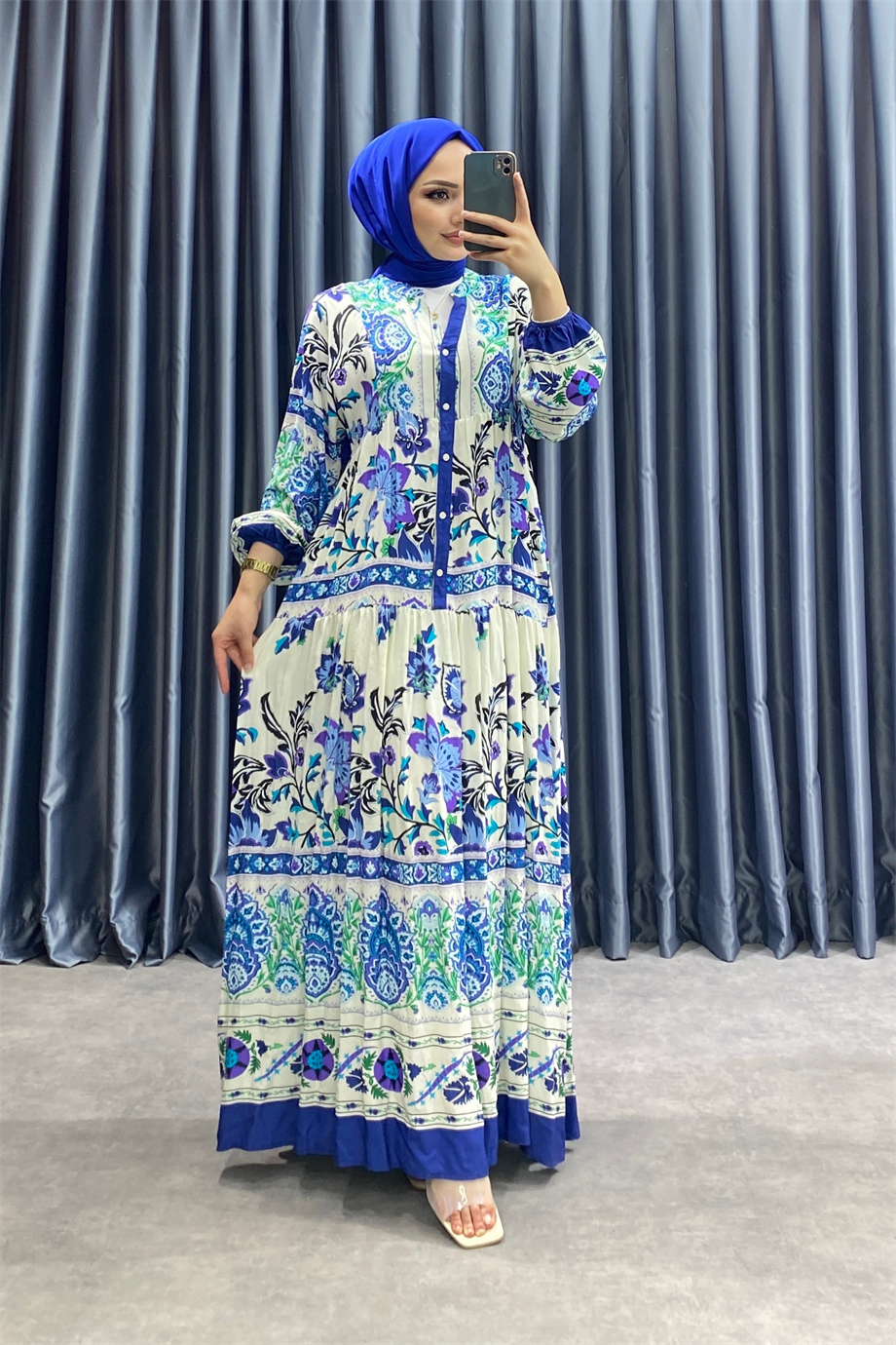 Desenli Viskon Elbise Mavi