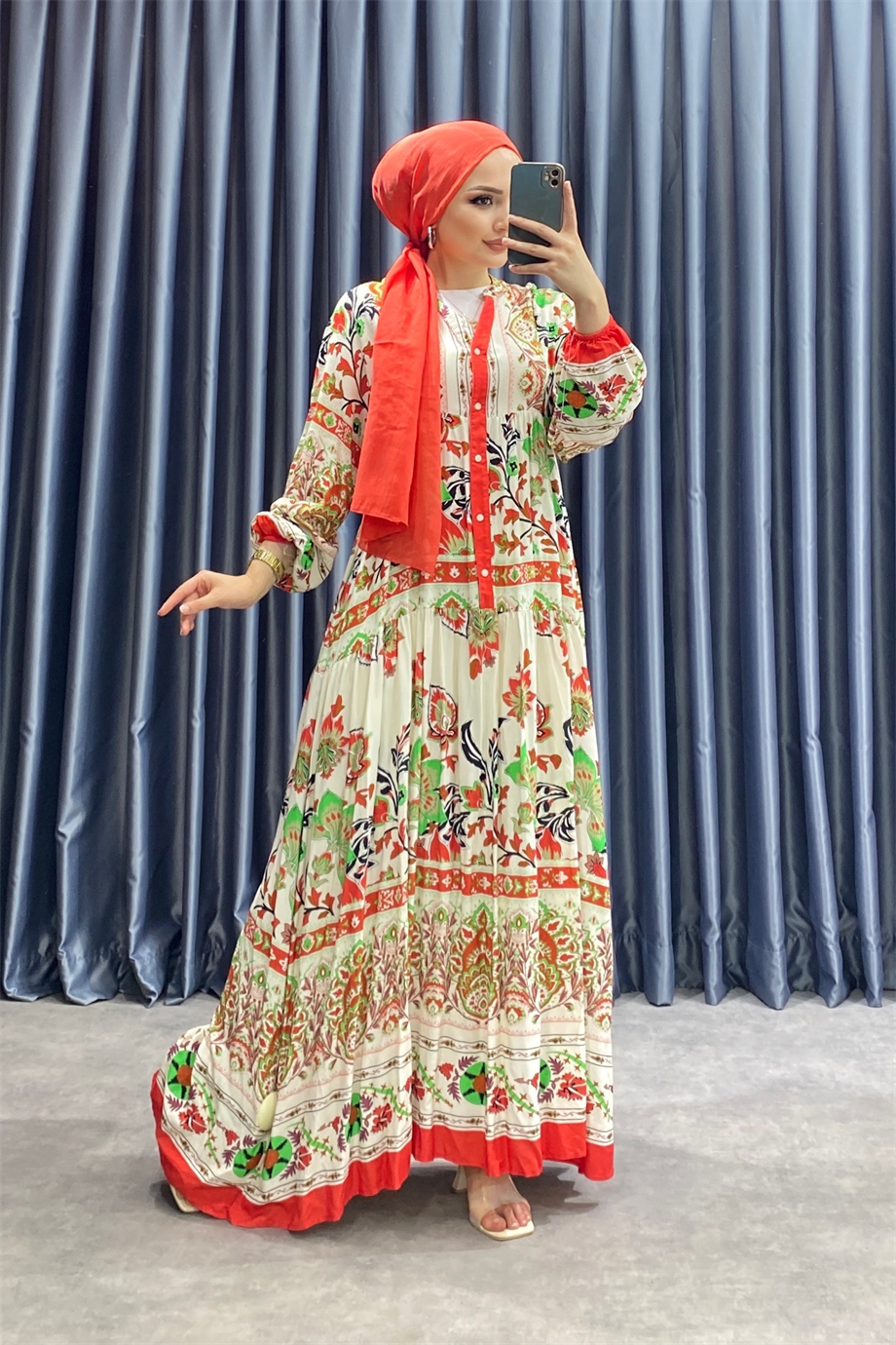 Desenli Viskon Elbise Turuncu