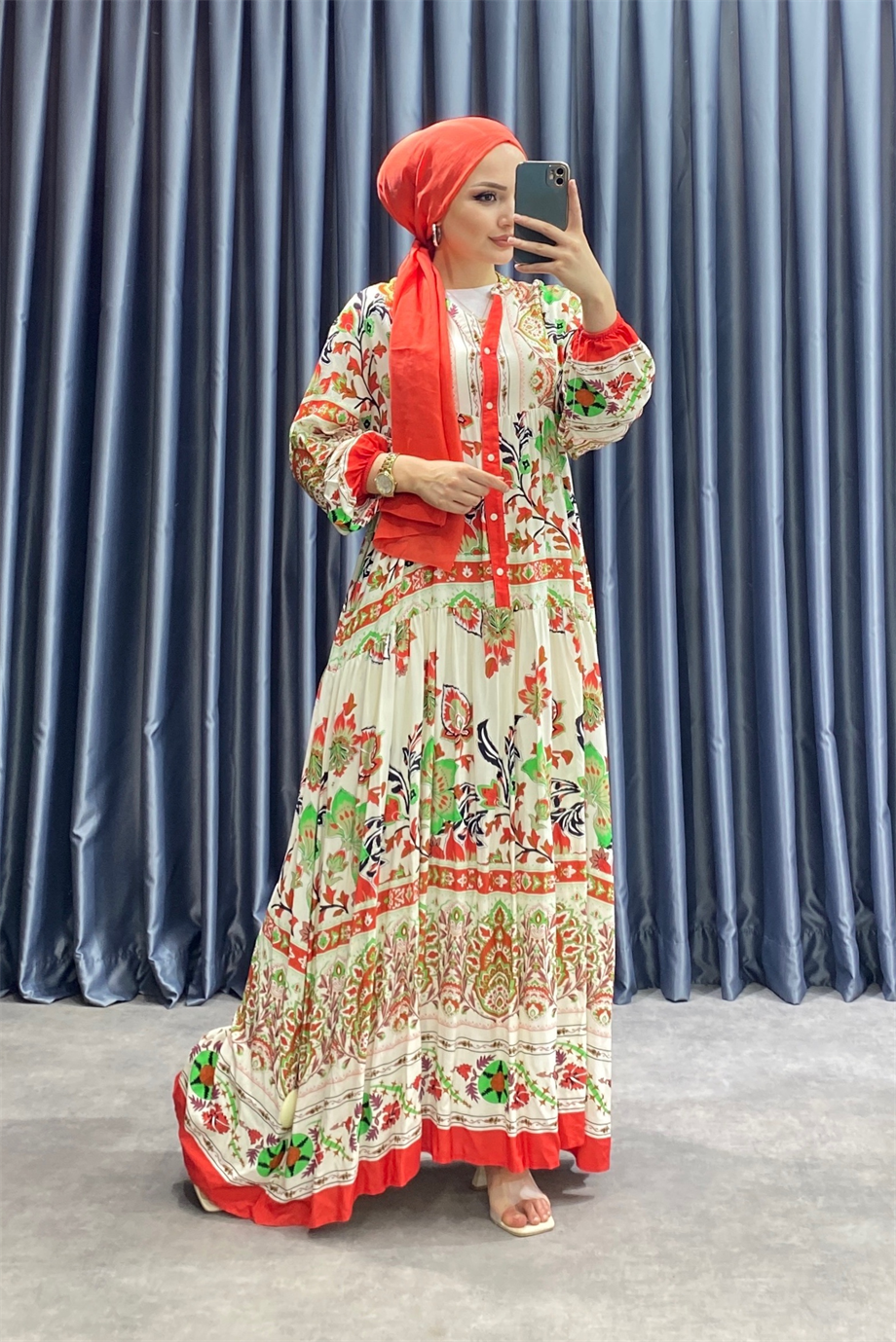 Desenli Viskon Elbise Turuncu