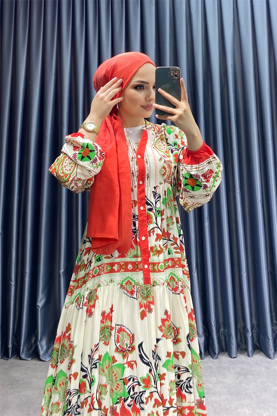 Desenli Viskon Elbise Turuncu