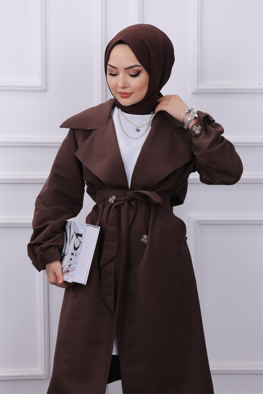 Düğme Detaylı Trenç Acı Kahve