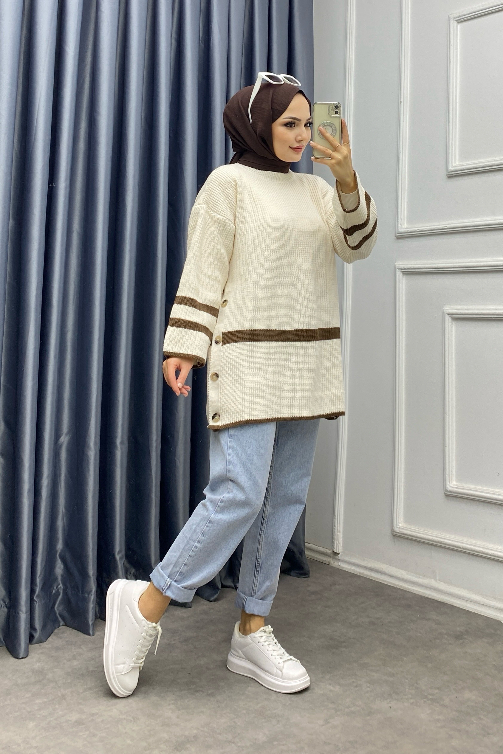 Düğme Detaylı Triko Tunik Bej