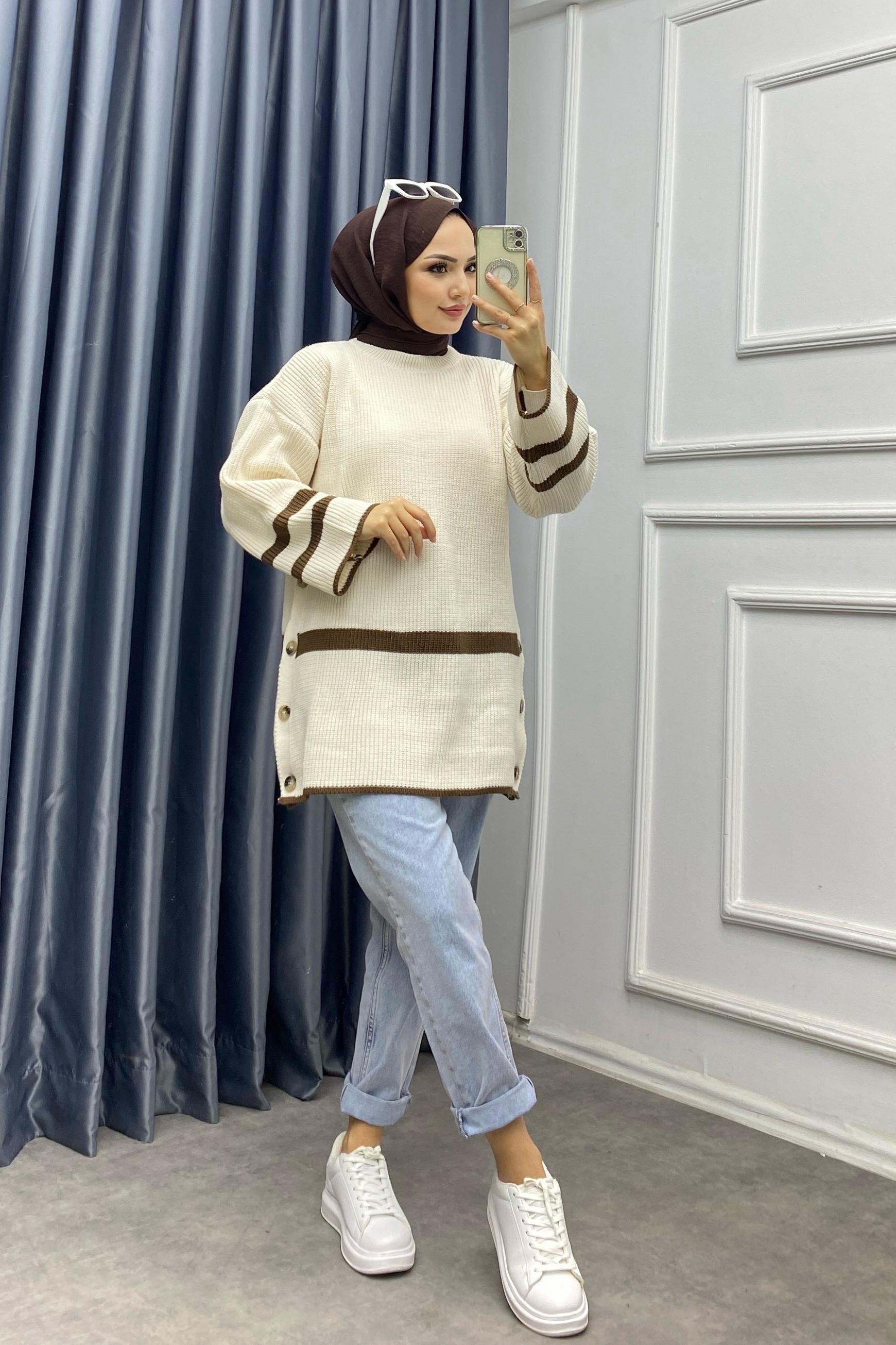 Düğme Detaylı Triko Tunik Bej