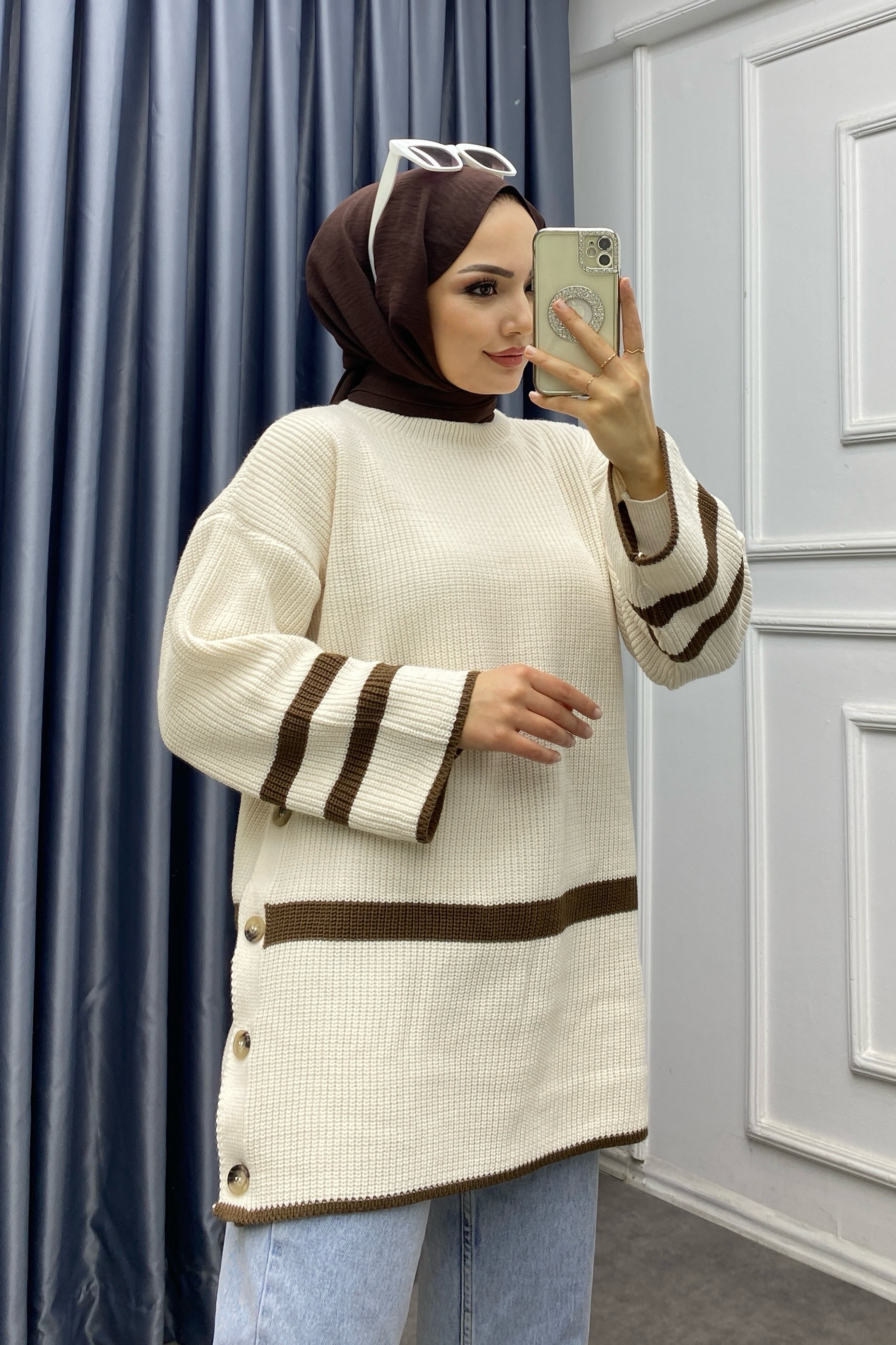 Düğme Detaylı Triko Tunik Bej