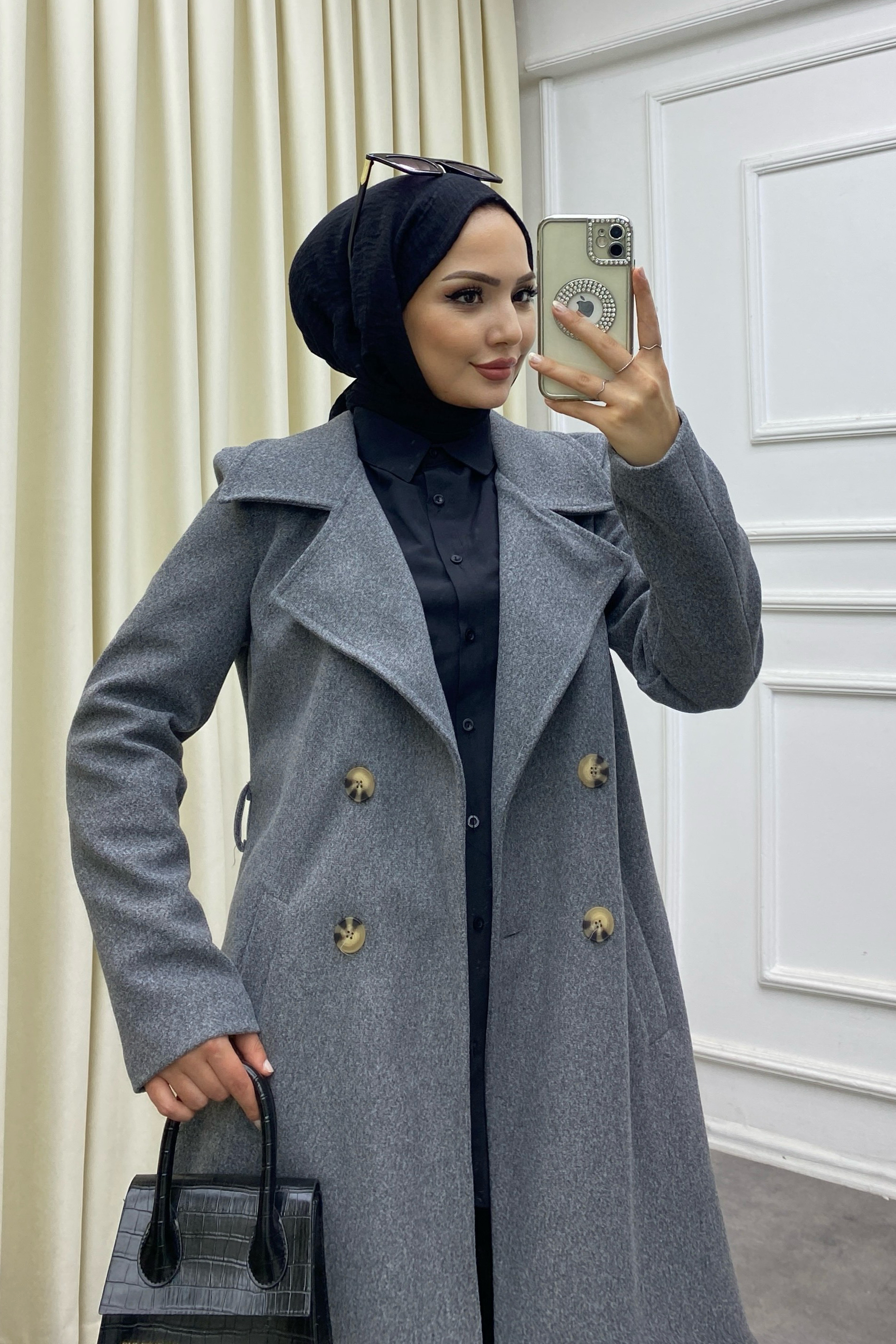 Düğmeli Kaban Gri