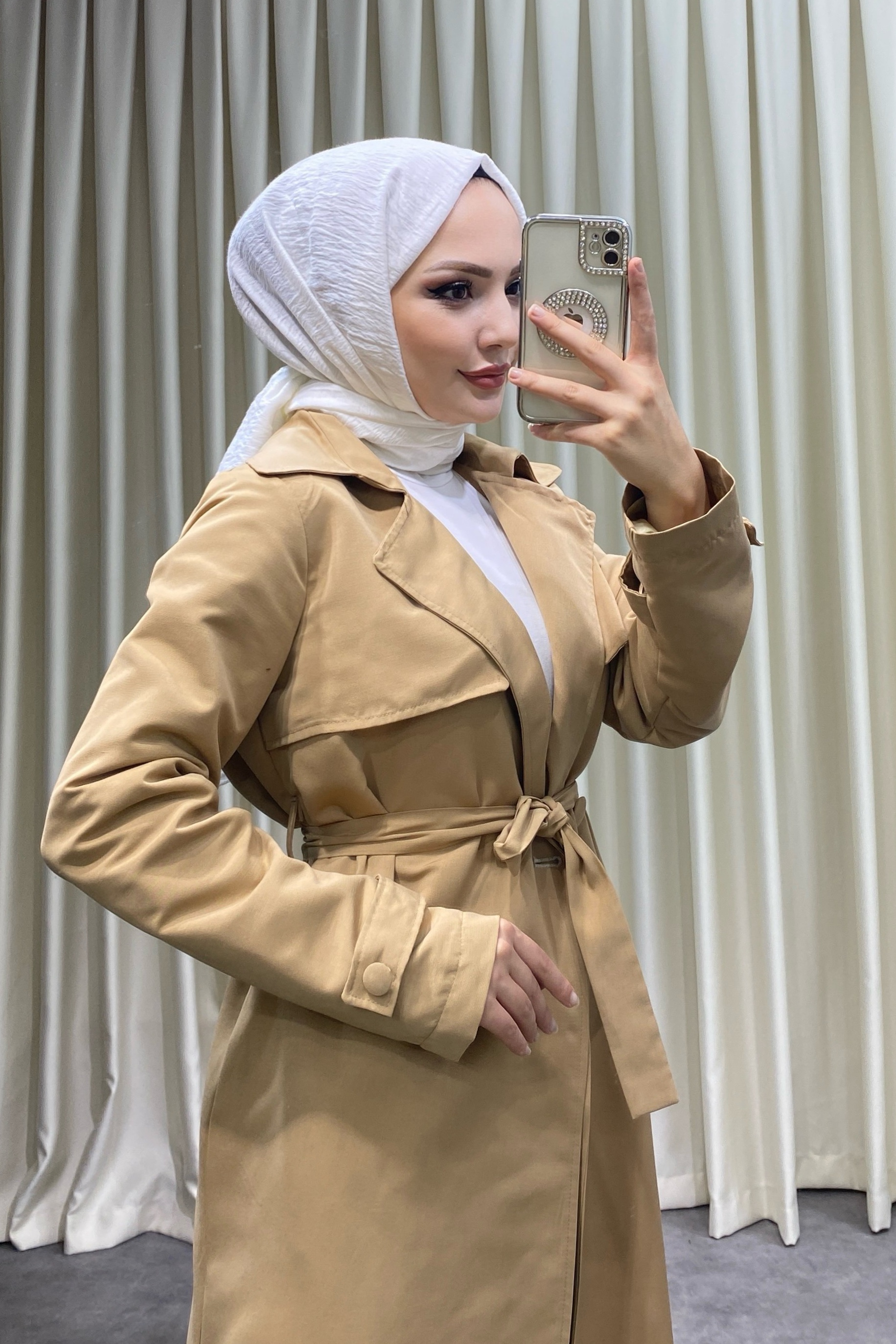 Düğmeli Trenç Camel