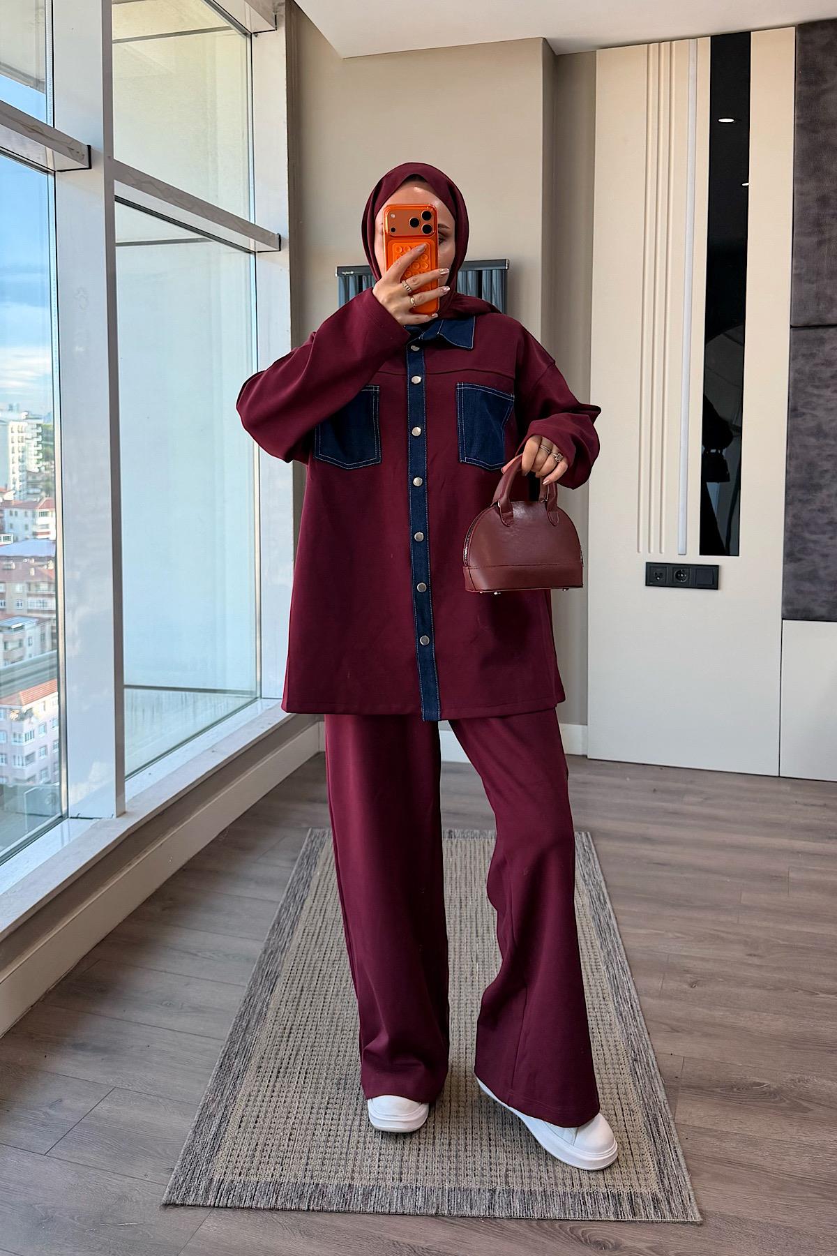 Denim Detaylı Oysho Takım Bordo
