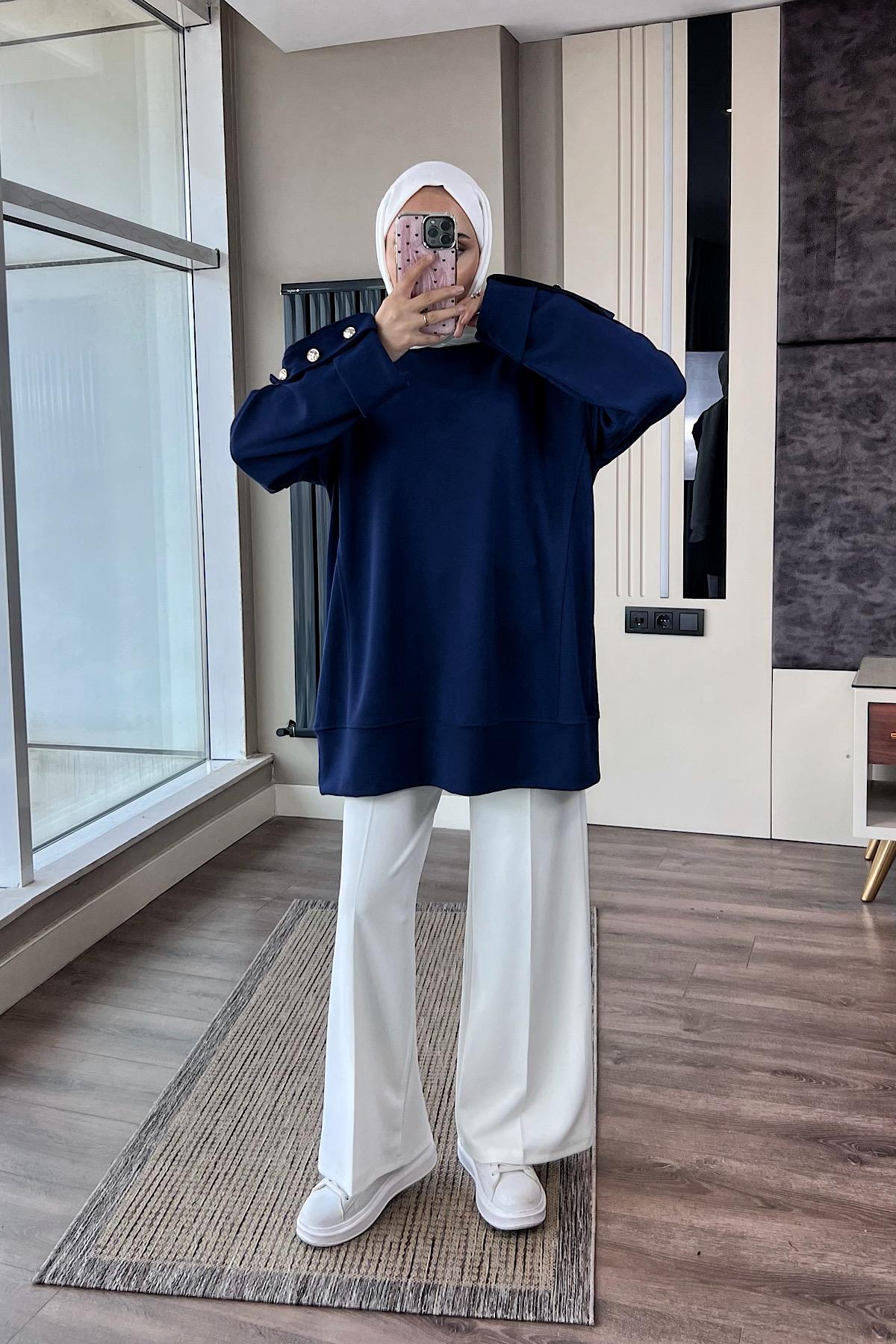 Kolu Düğme Detaylı Sweat Lacivert