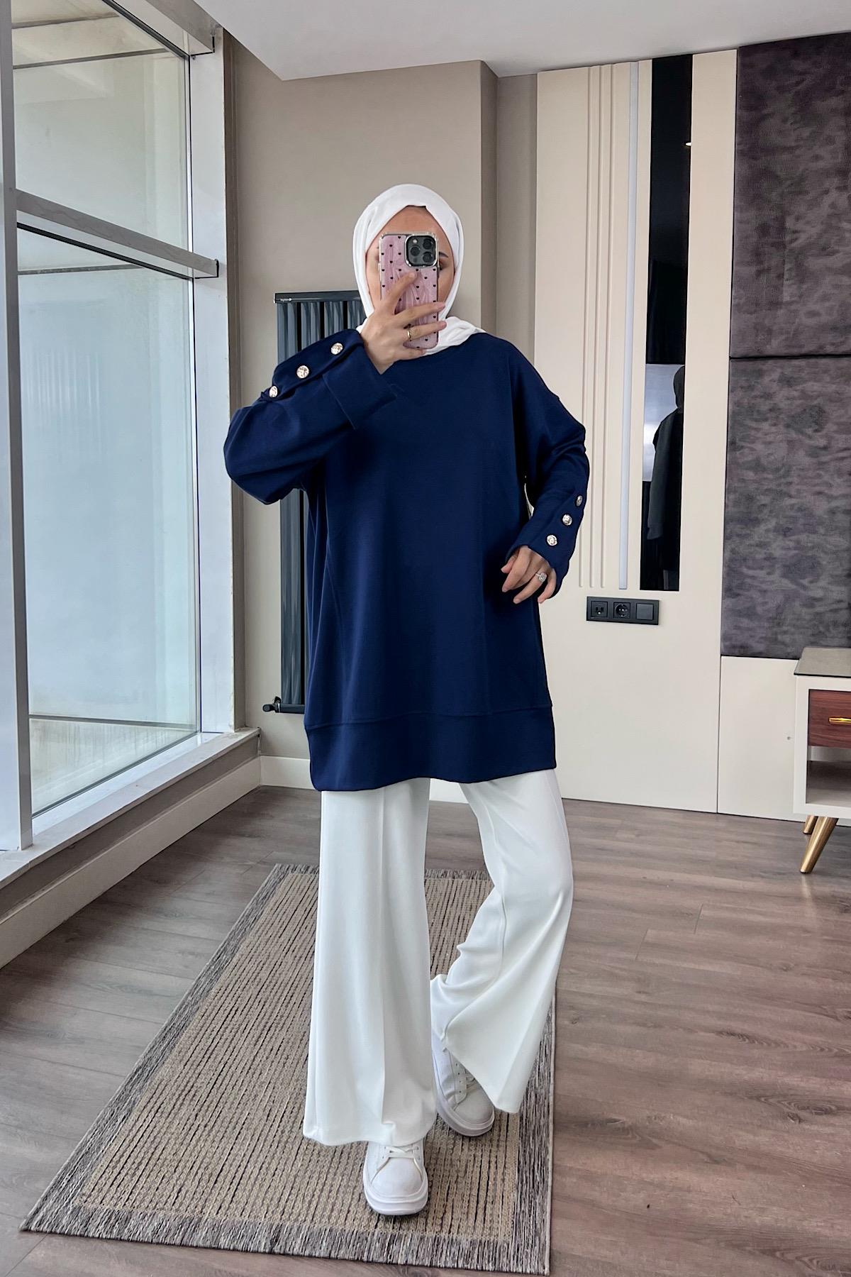 Kolu Düğme Detaylı Sweat Lacivert