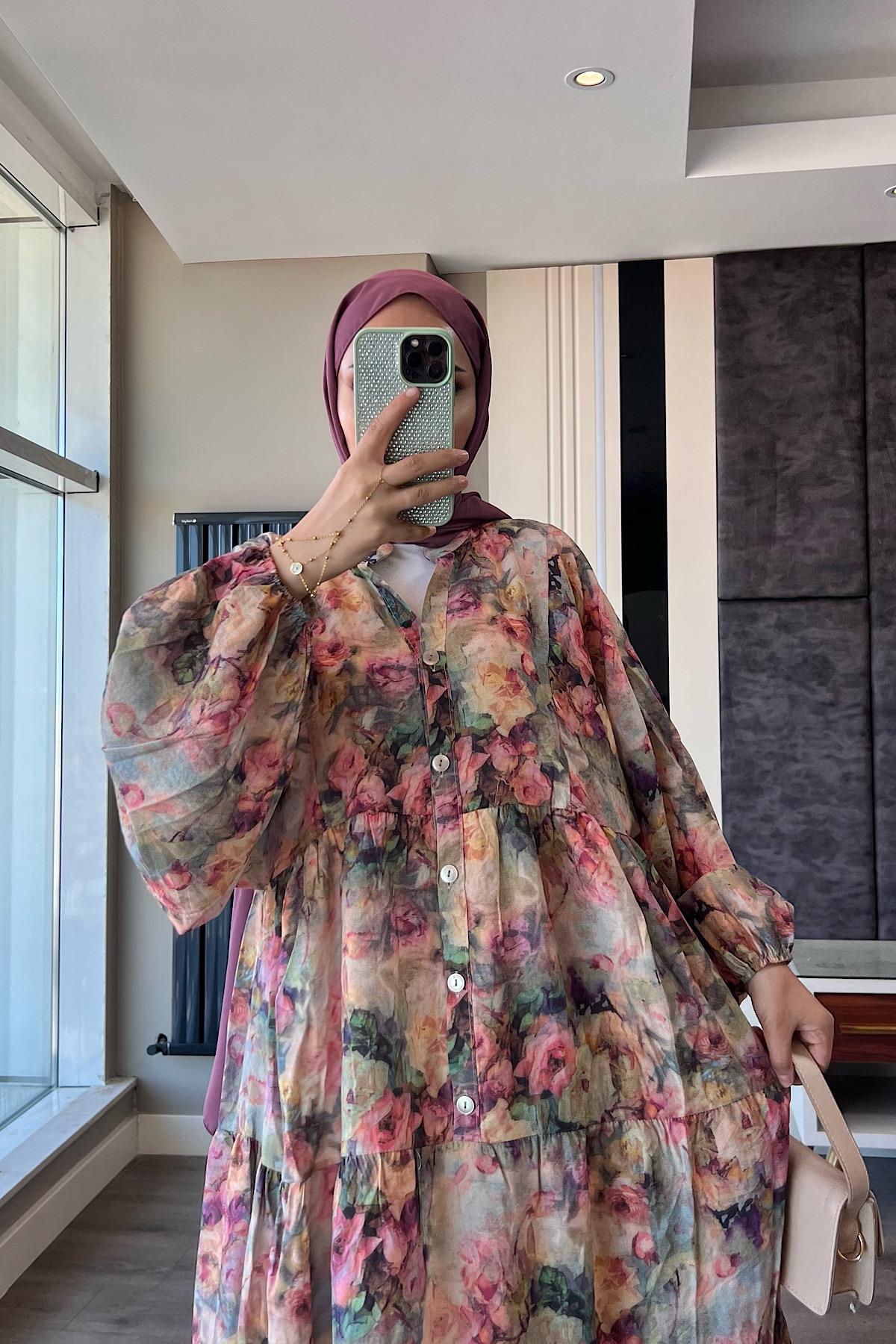 Yarım Patlı Desenli Elbise 