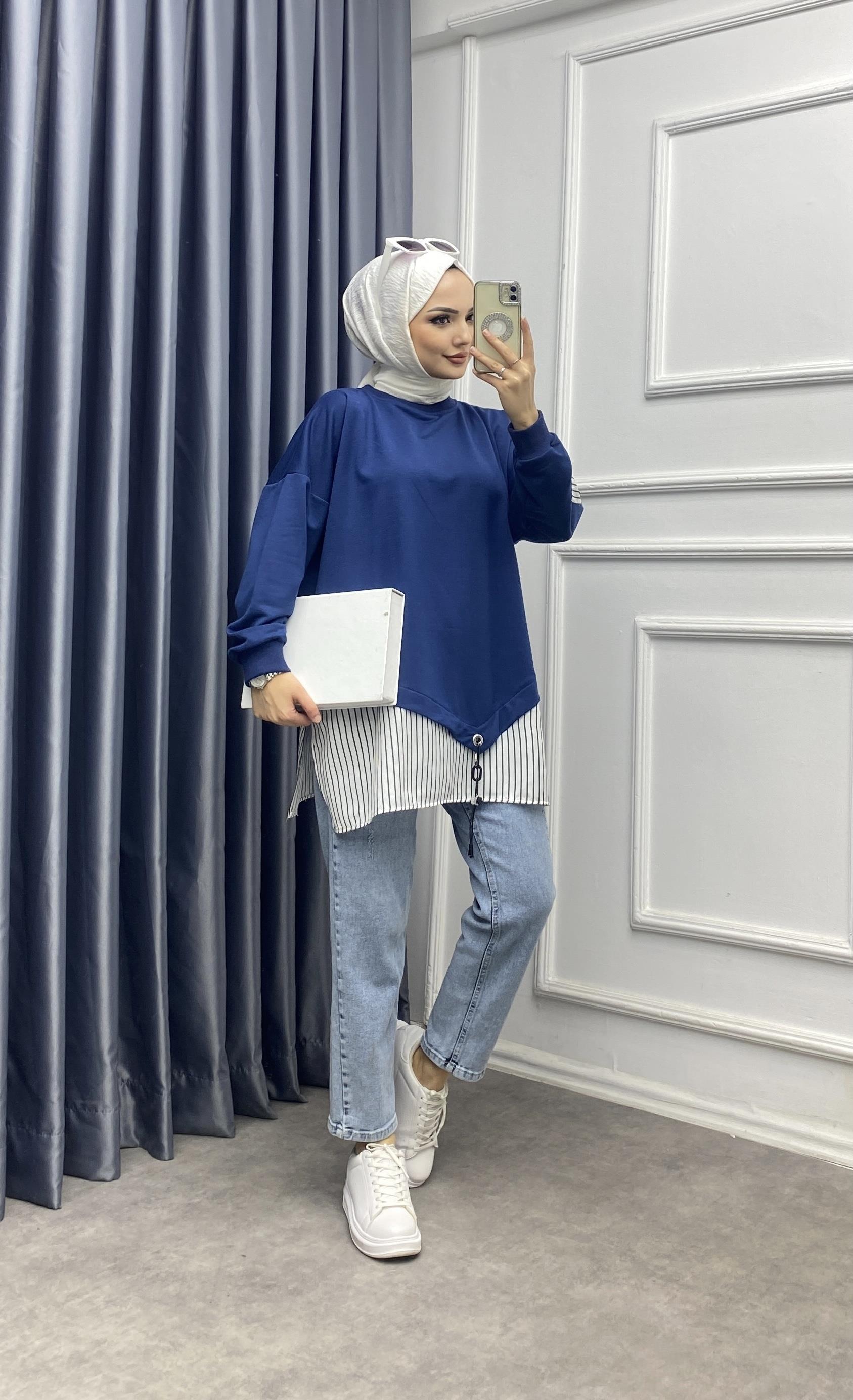 Eteği Çizgili Sweat Lacivert
