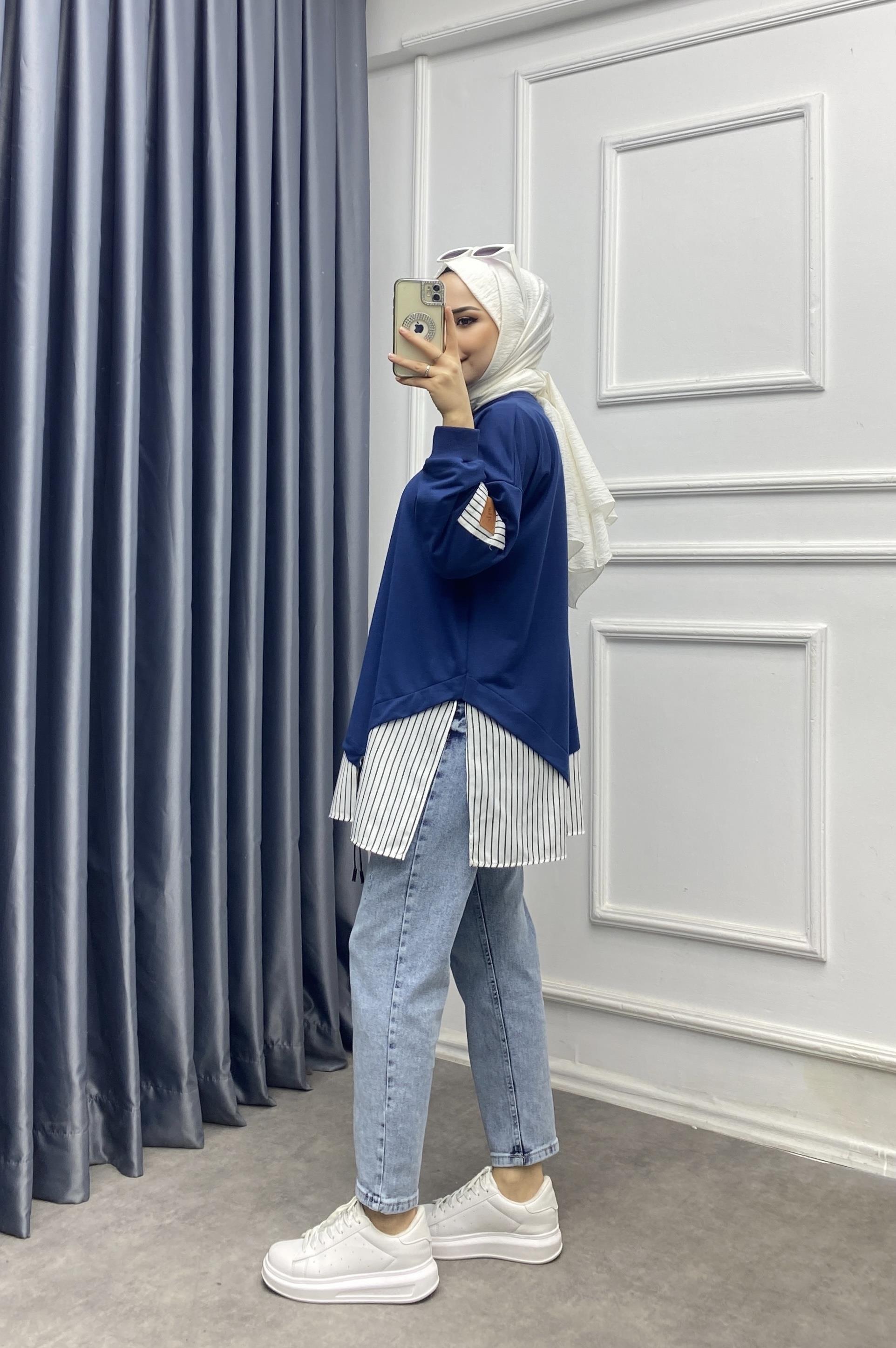 Eteği Çizgili Sweat Lacivert
