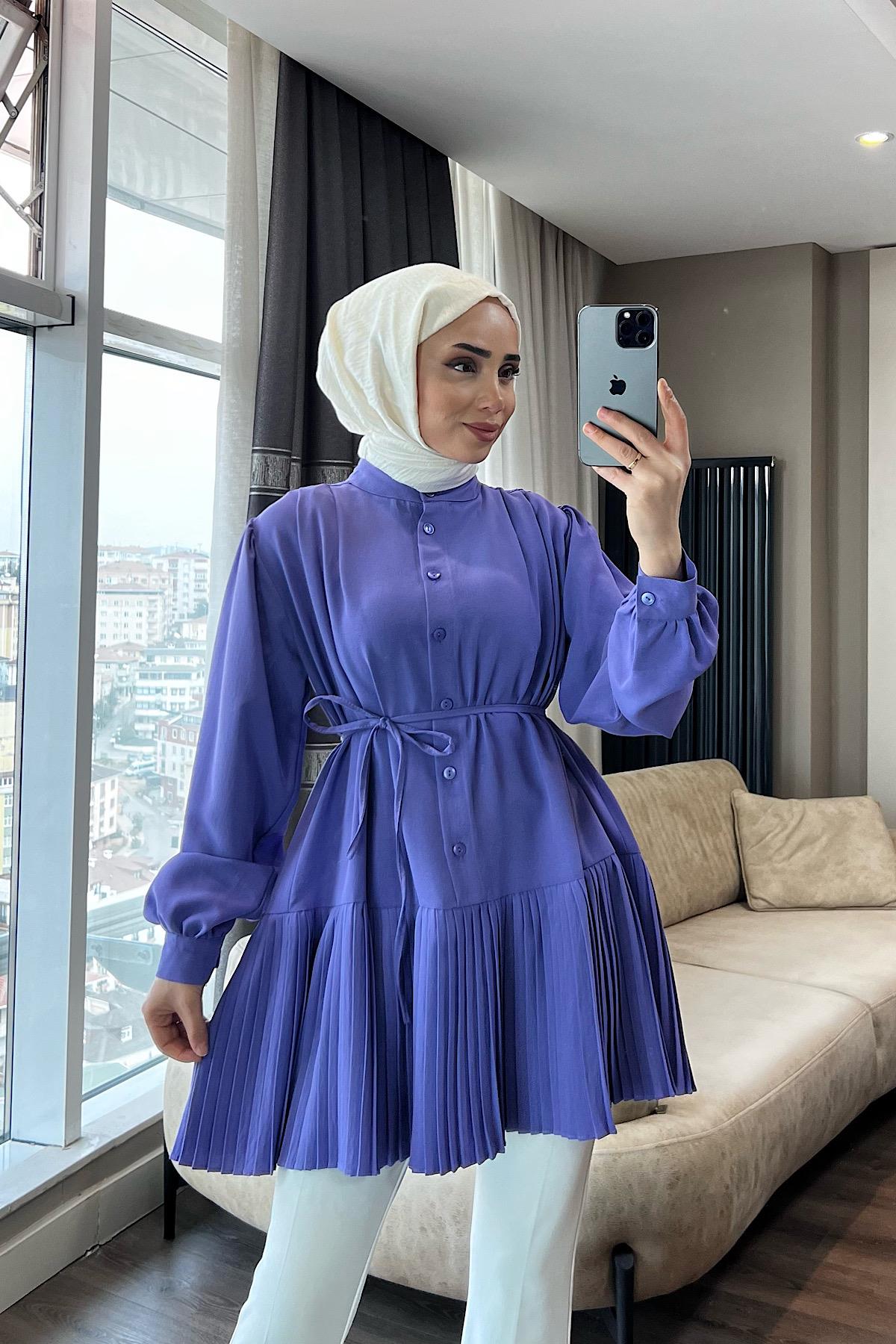 Eteği Pileli Hakim Yaka Linda Lila