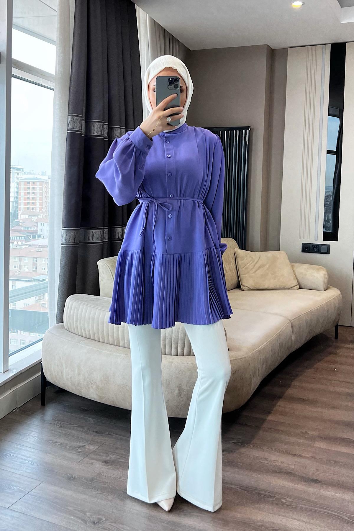 Eteği Pileli Hakim Yaka Linda Lila