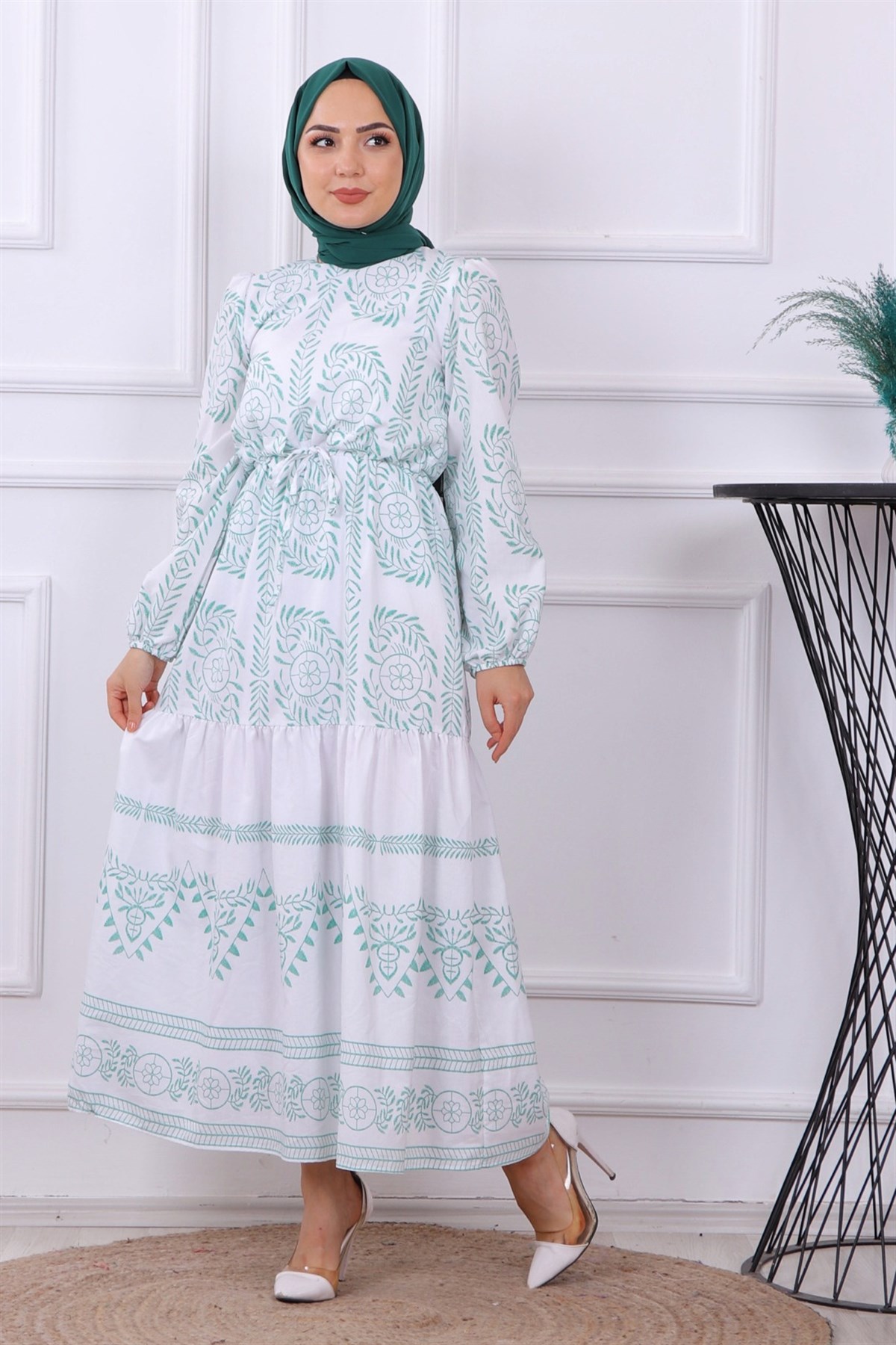 Etnik Desen Elbise Yeşil