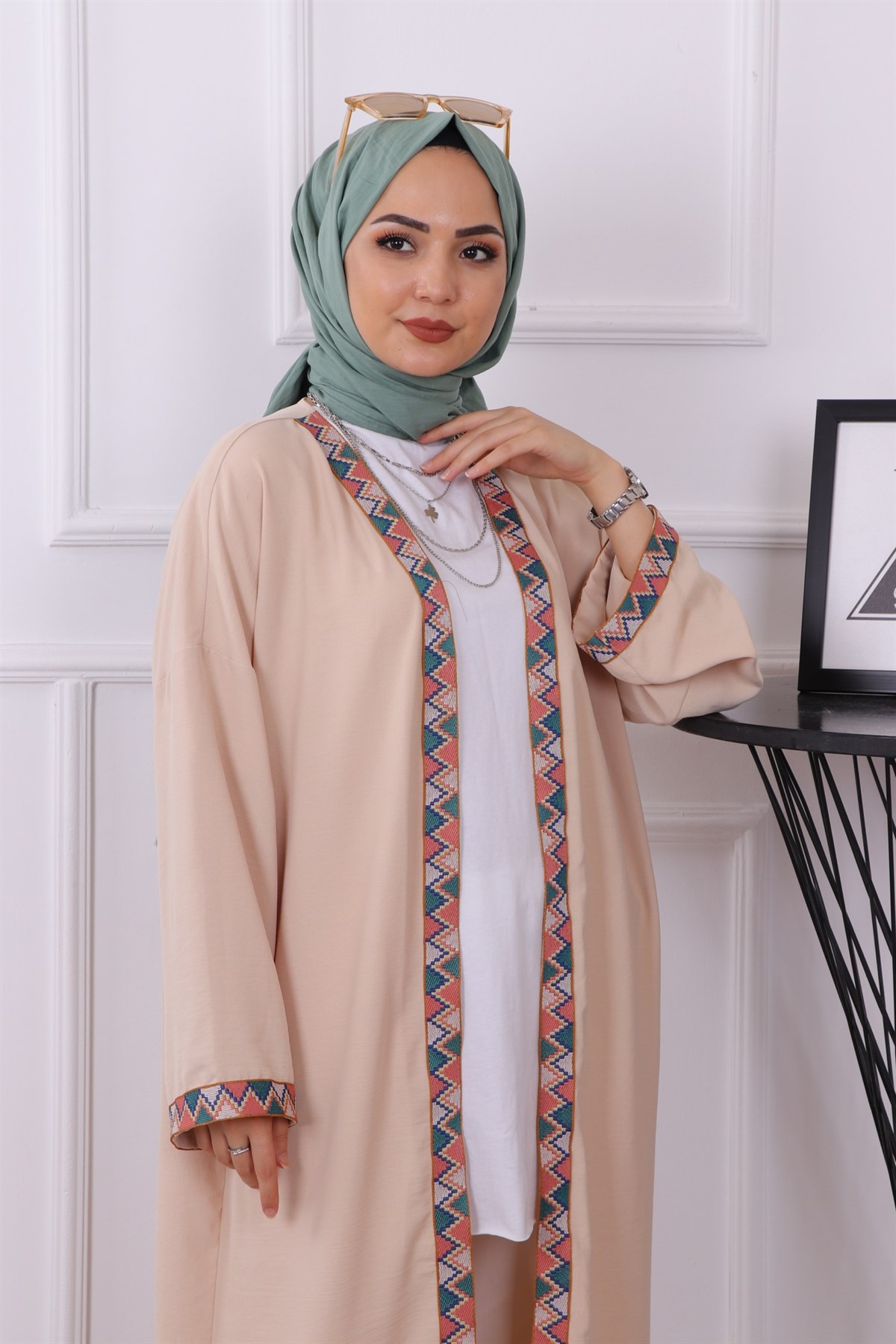 Etnik Desen Kimono Krem