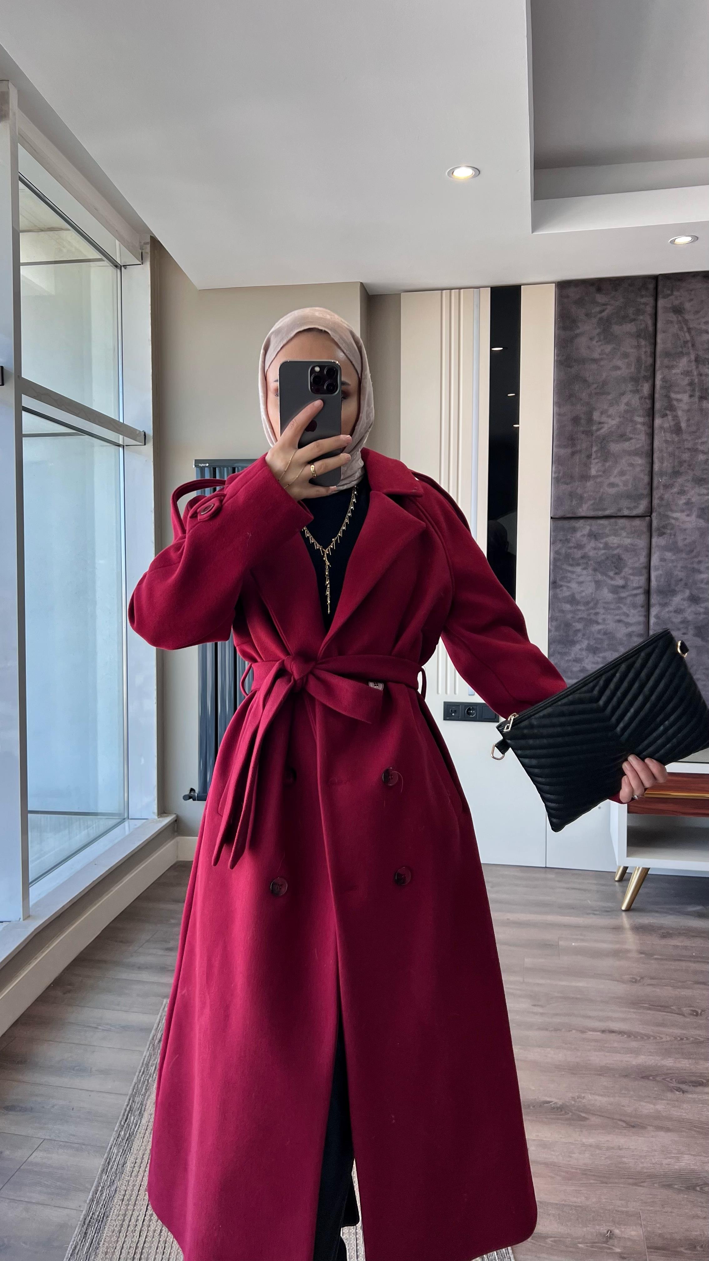 Kuşaklı Kaşe Kaban Bordo