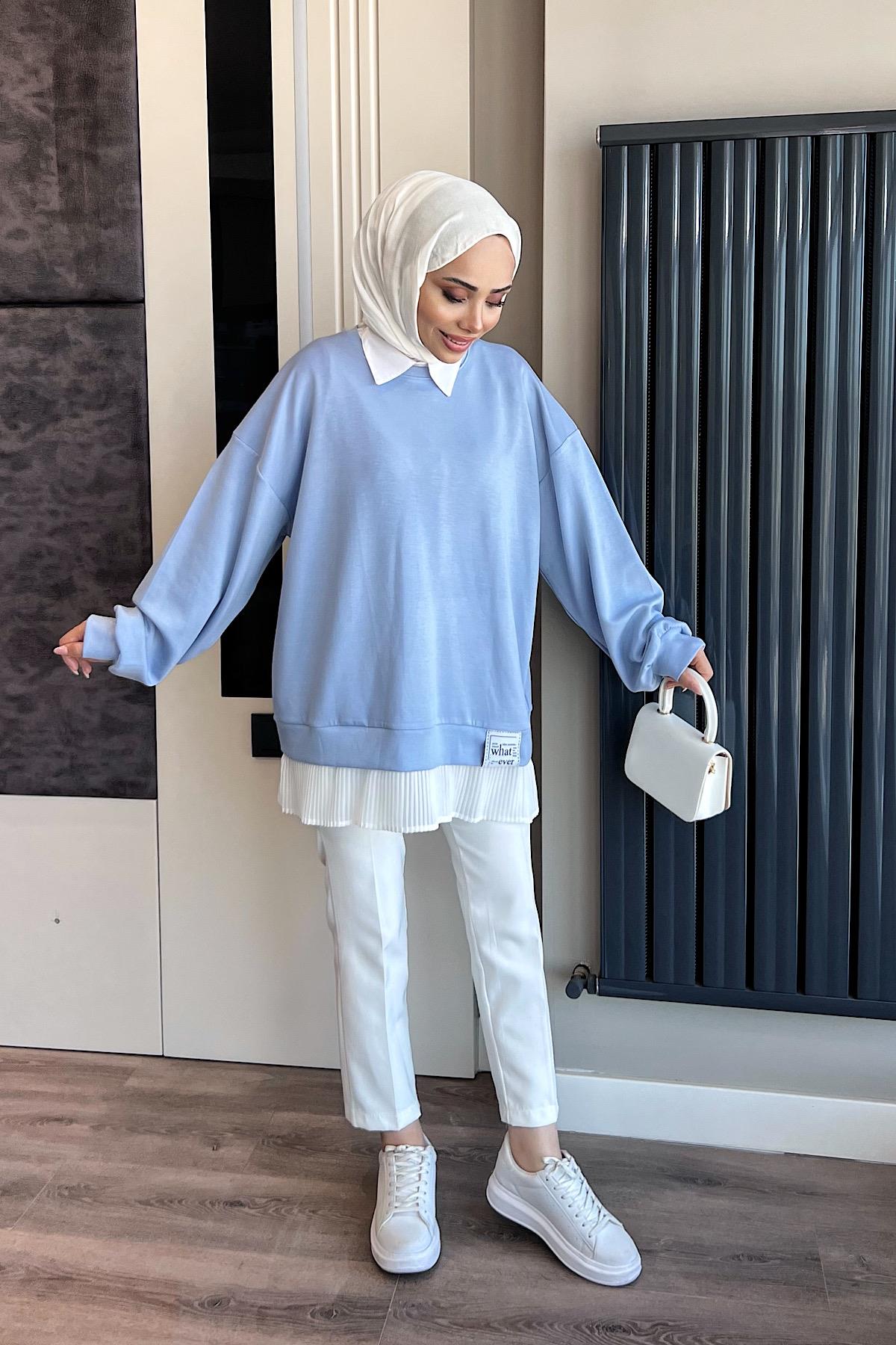 Modal Kumaş Altı Pileli Sweat Bebe Mavisi