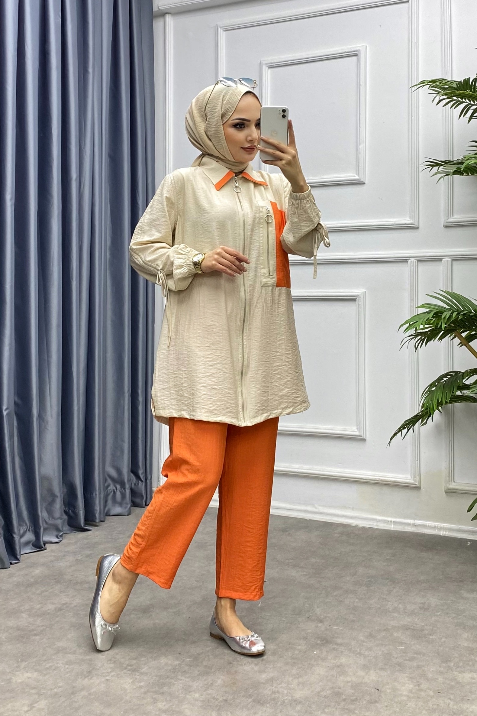 Fermuar Aksesuarlı Takım Krem-Turuncu