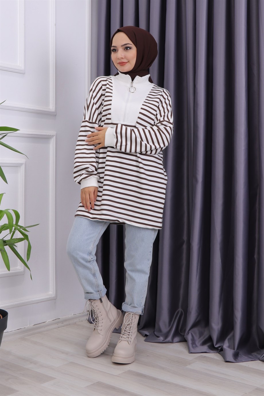 Fermuar Detaylı Çizgili Sweat Kahve