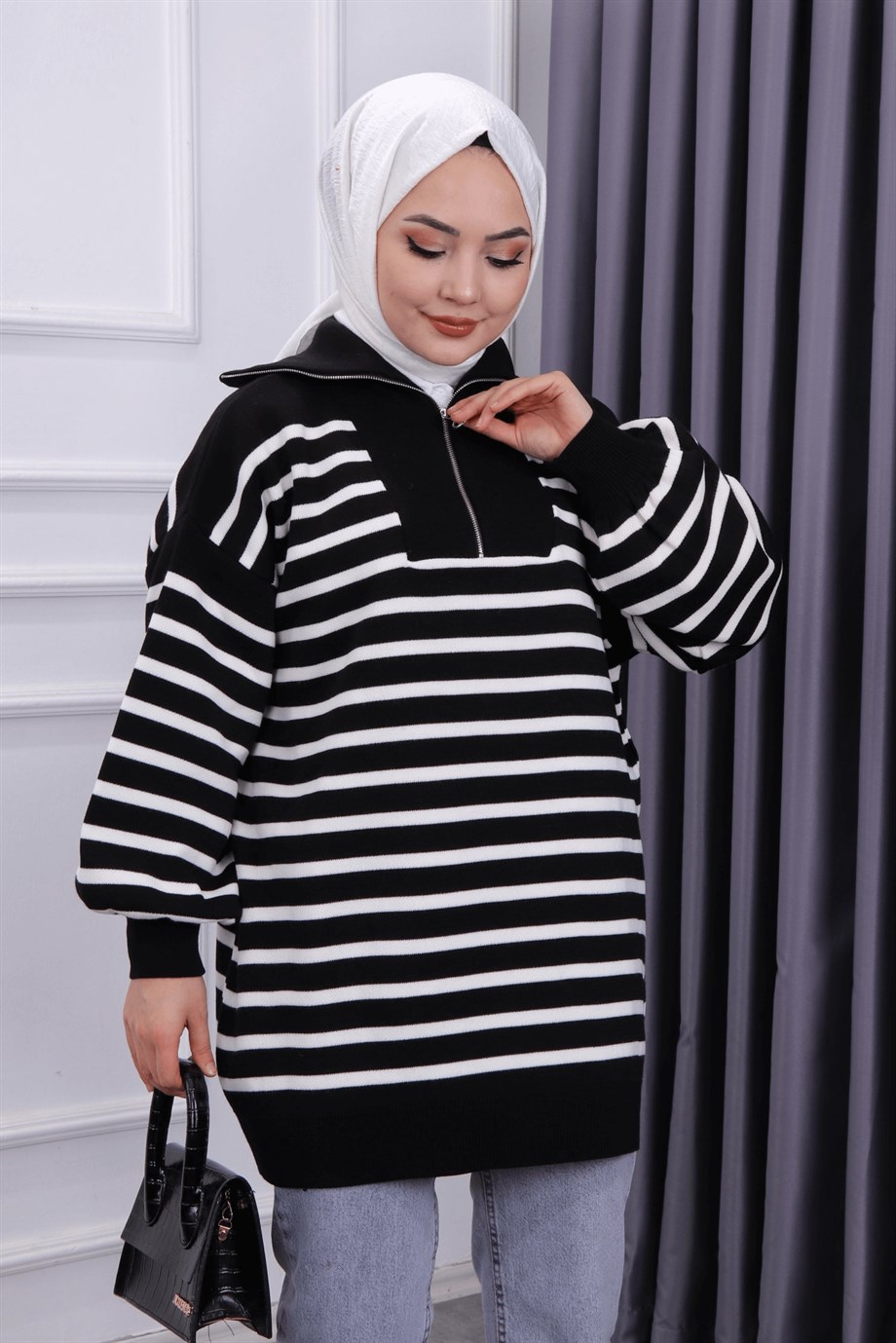 Fermuar Yaka Tunik Siyah-Beyaz