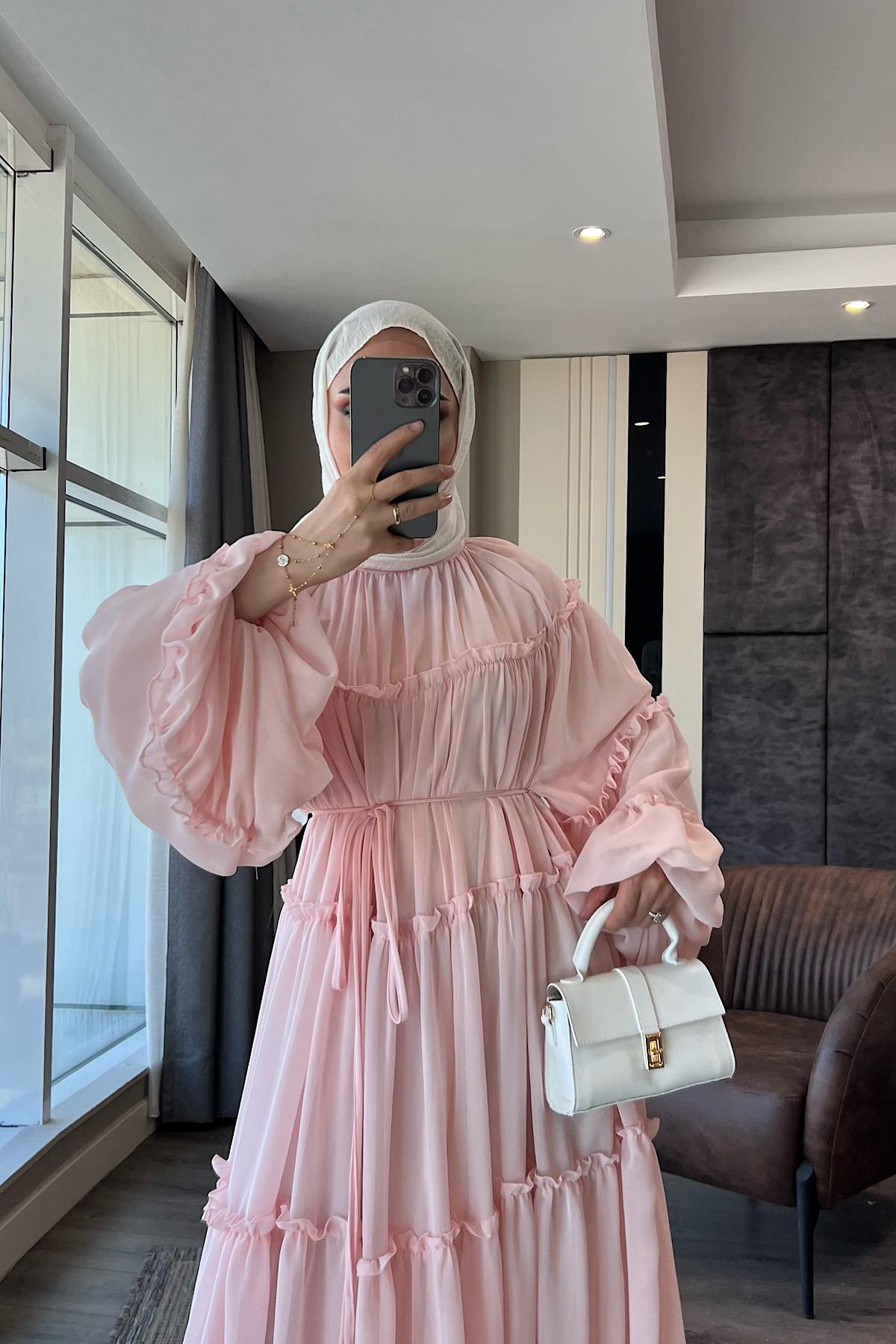Fırfırlı Şifon Elbise Pudra