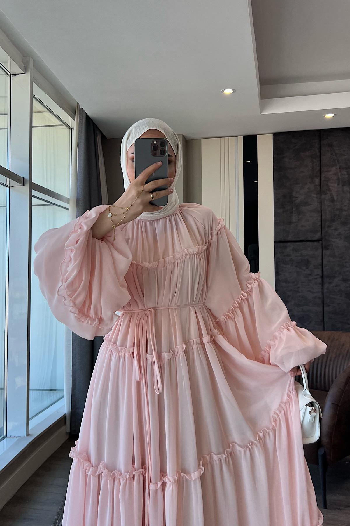 Fırfırlı Şifon Elbise Pudra