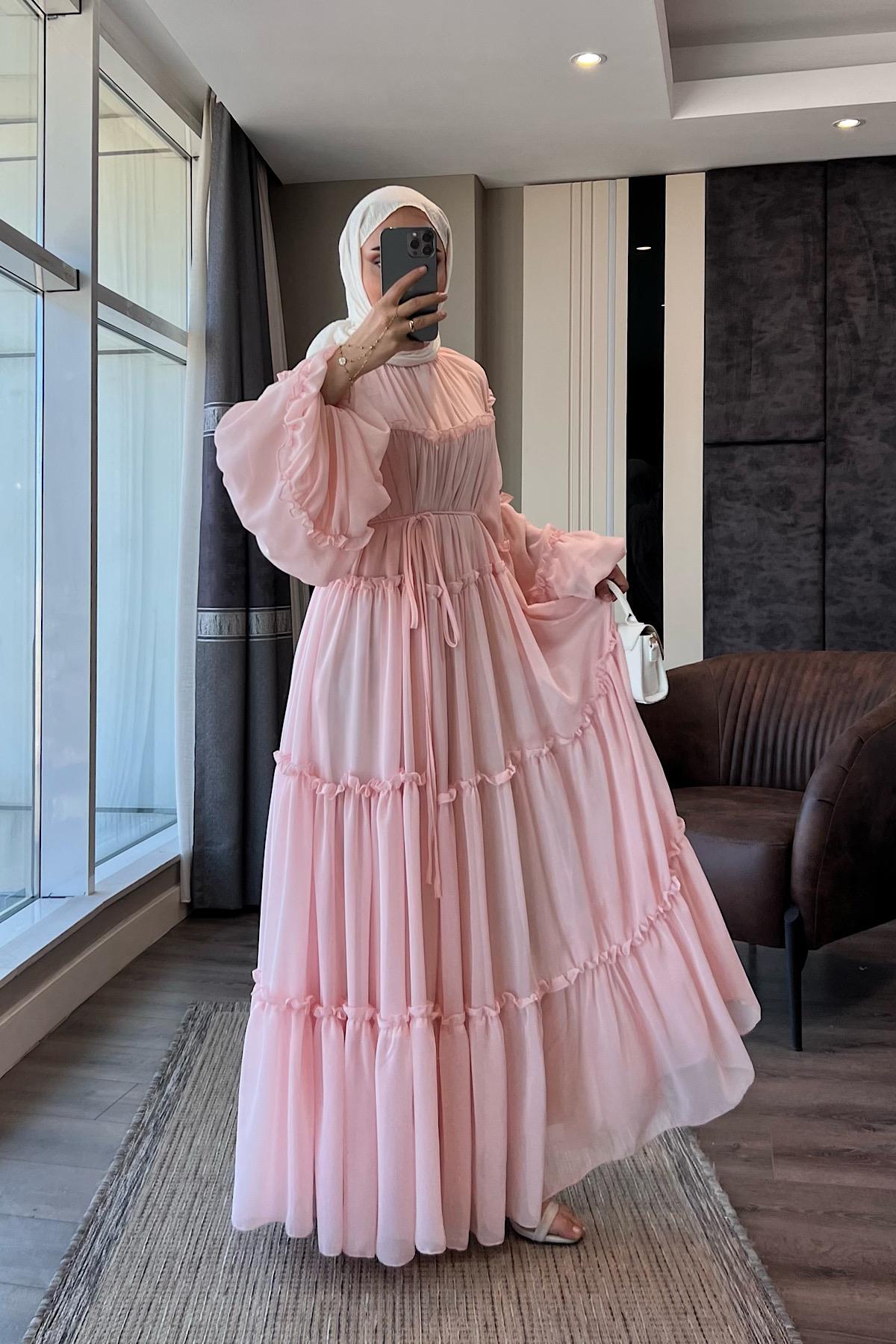 Fırfırlı Şifon Elbise Pudra