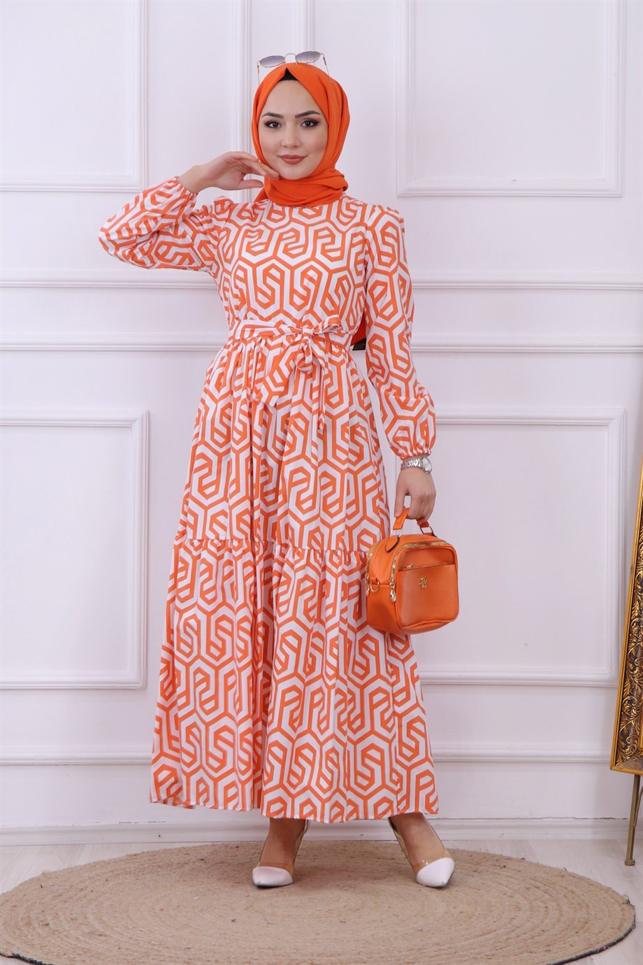 Geometrik Desen Elbise Turuncu