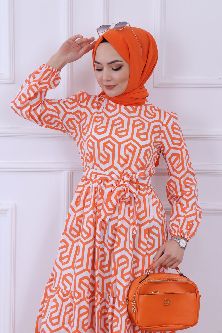 Geometrik Desen Elbise Turuncu