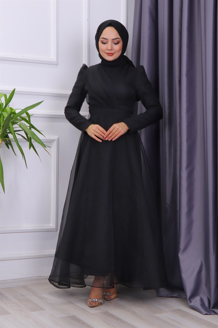 Göğüs Drape Detaylı  Abiye  Siyah