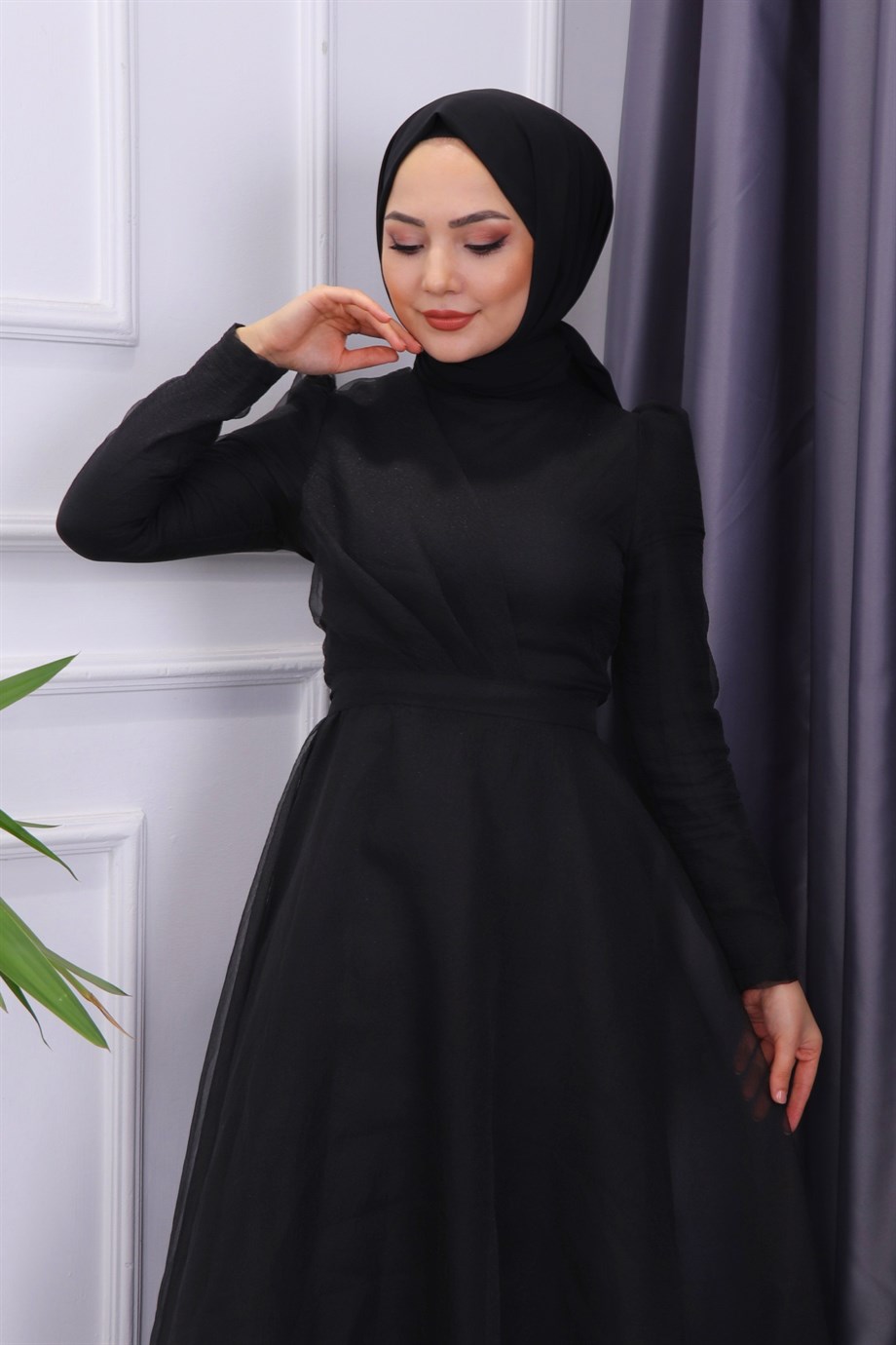 Göğüs Drape Detaylı  Abiye  Siyah