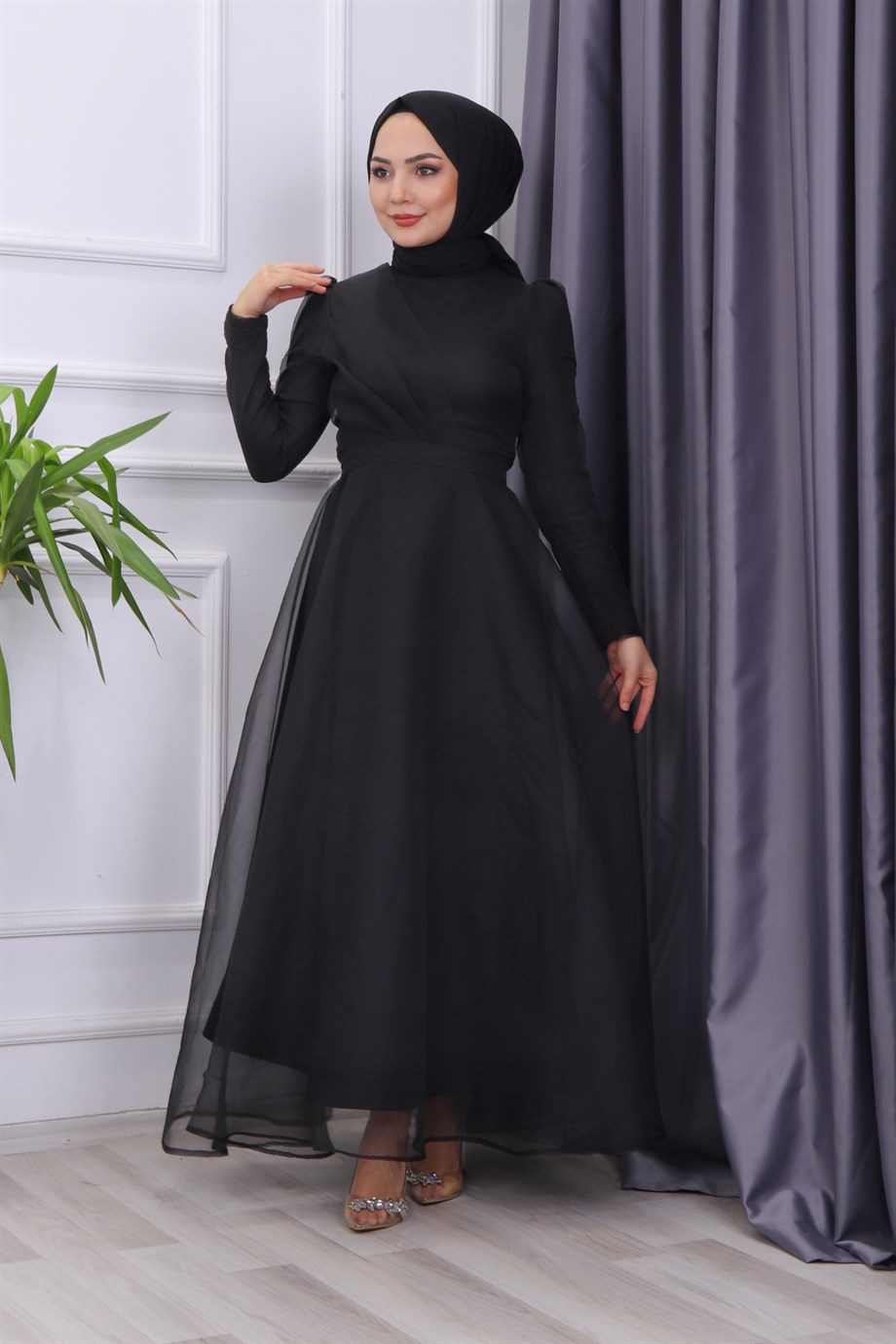 Göğüs Drape Detaylı  Abiye  Siyah