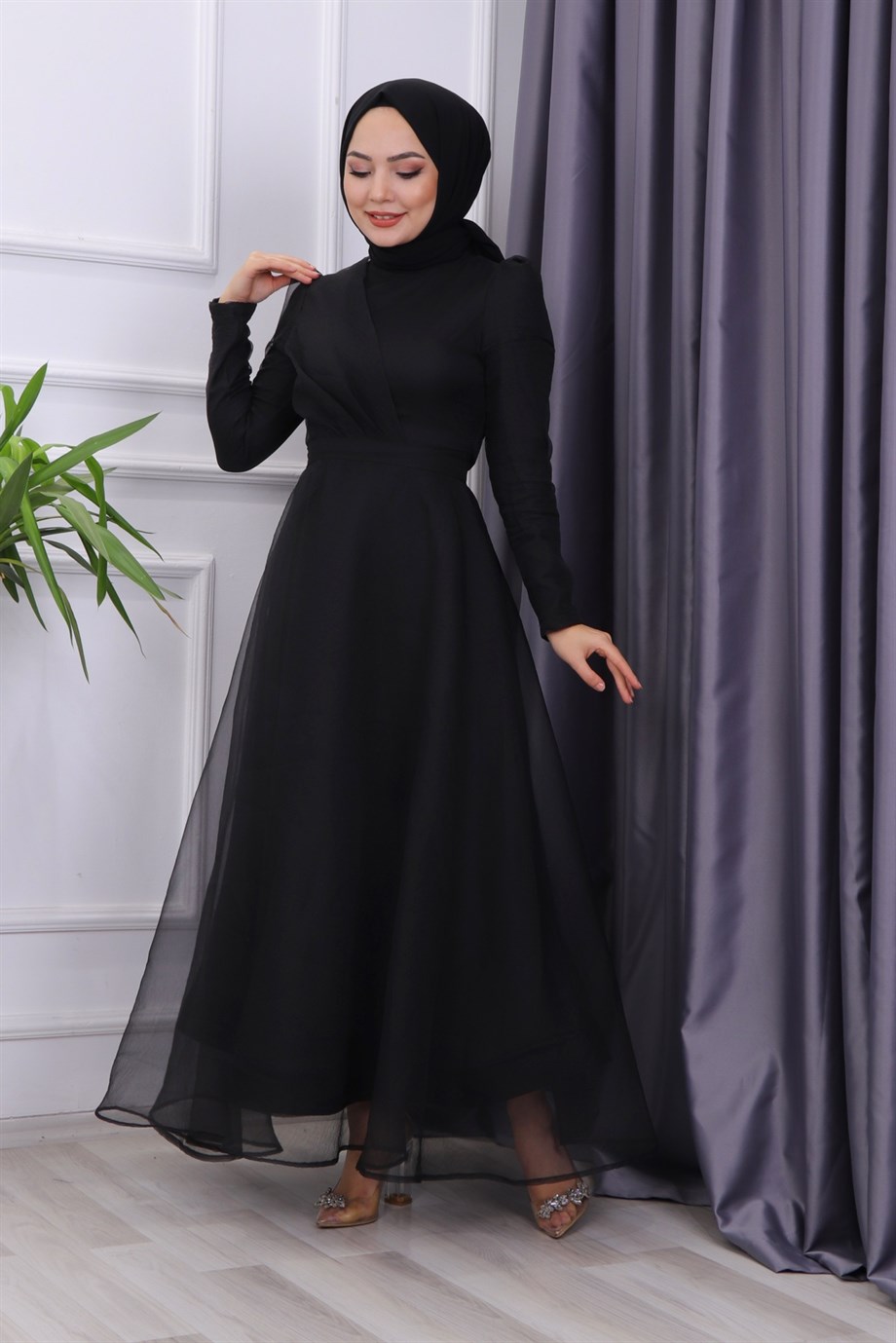 Göğüs Drape Detaylı  Abiye  Siyah