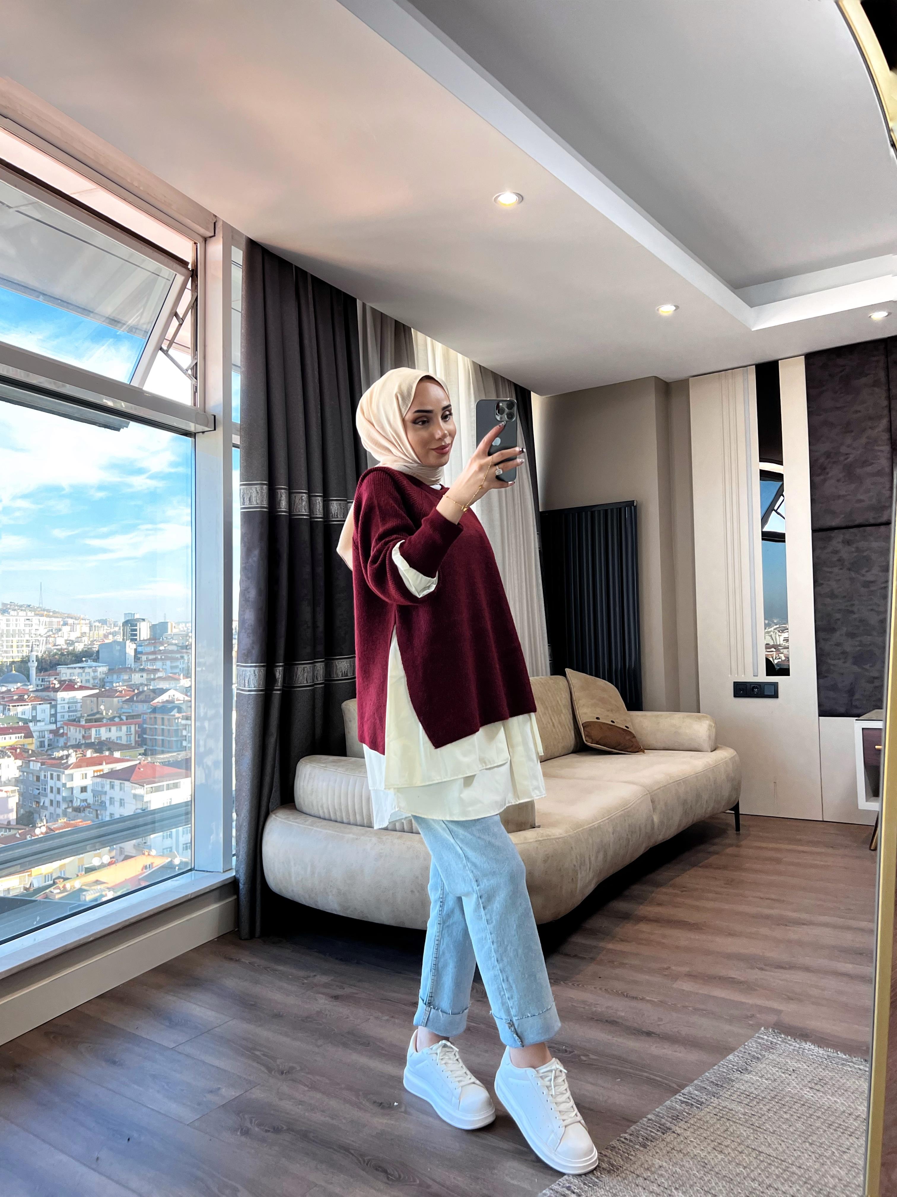 Gömlek Detaylı Triko Tunik Bordo