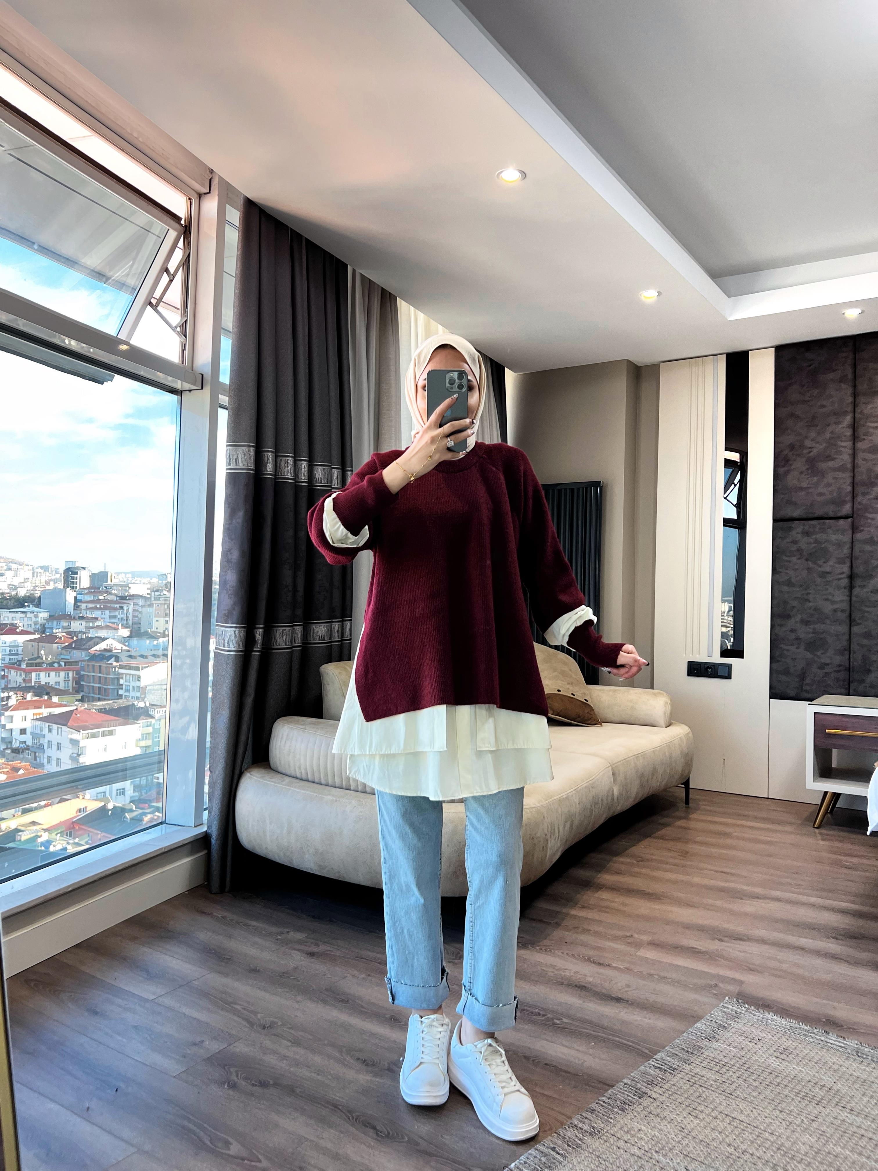 Gömlek Detaylı Triko Tunik Bordo