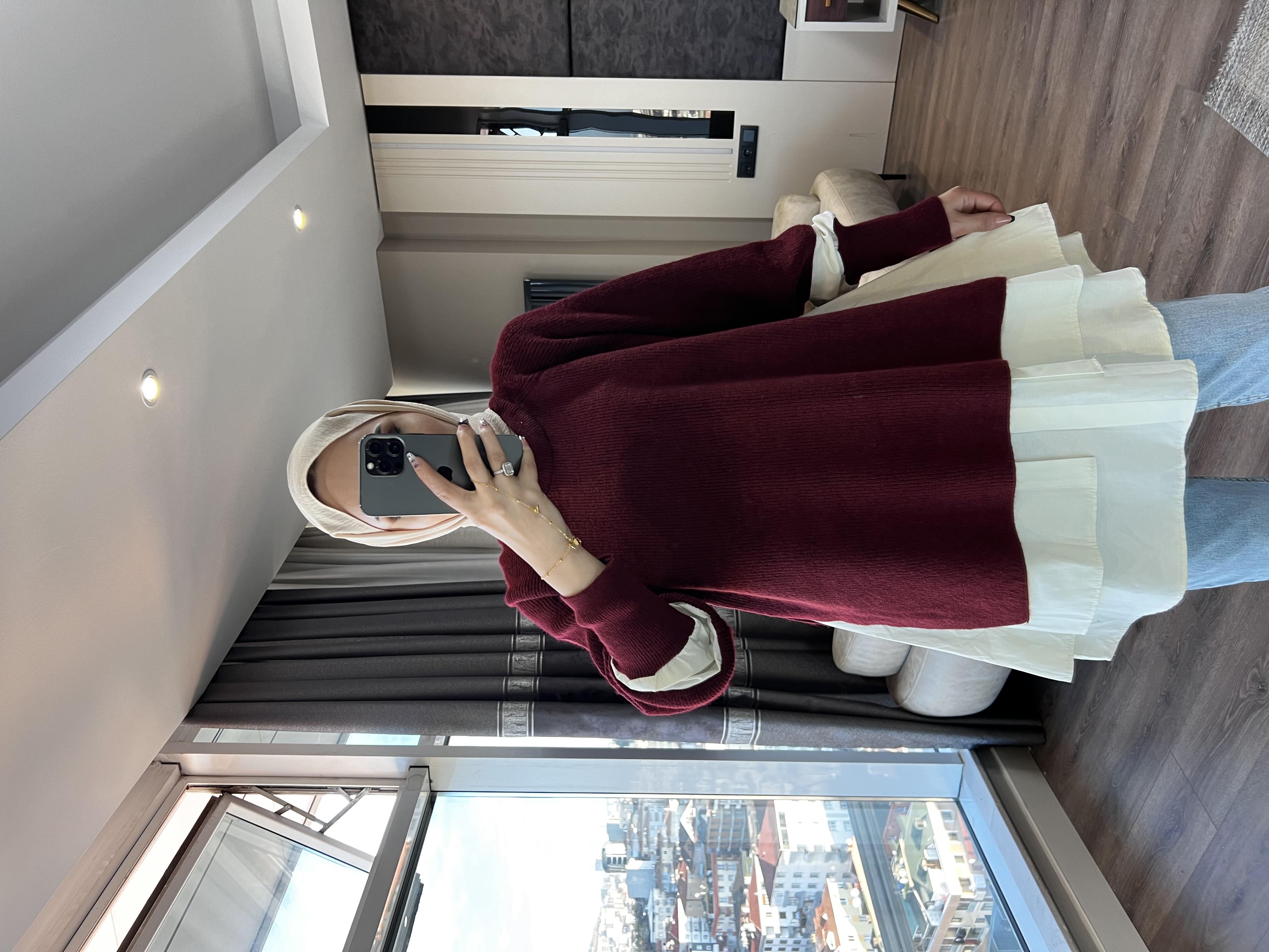 Gömlek Detaylı Triko Tunik Bordo