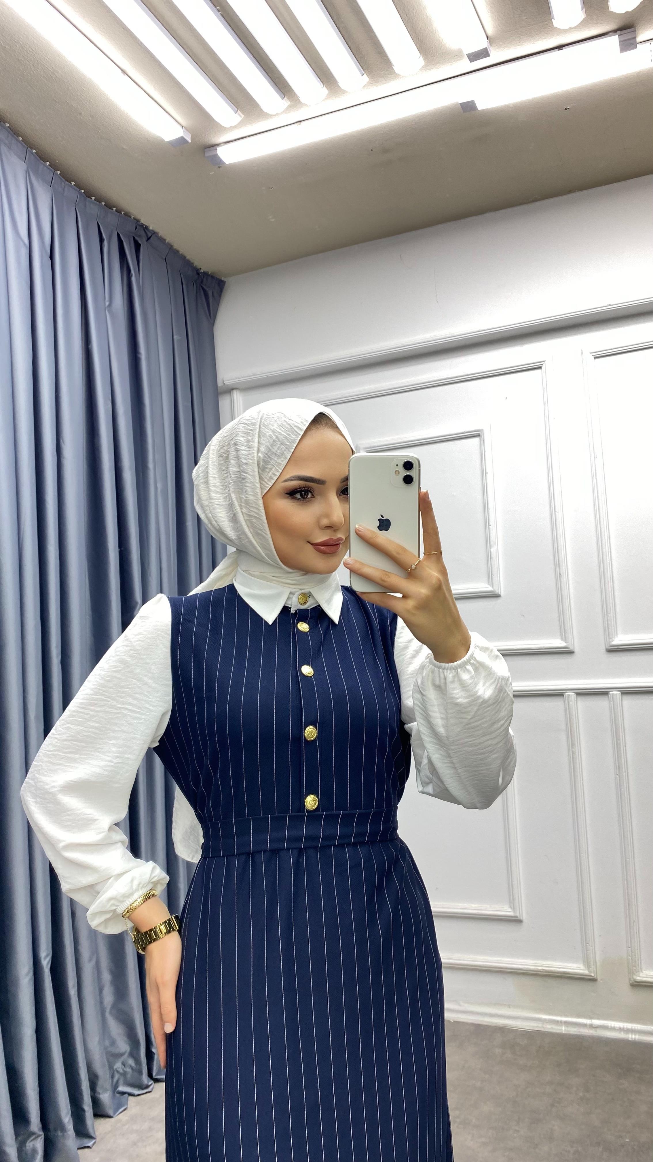 Gömlek Yaka Çizgili Elbise Lacivert